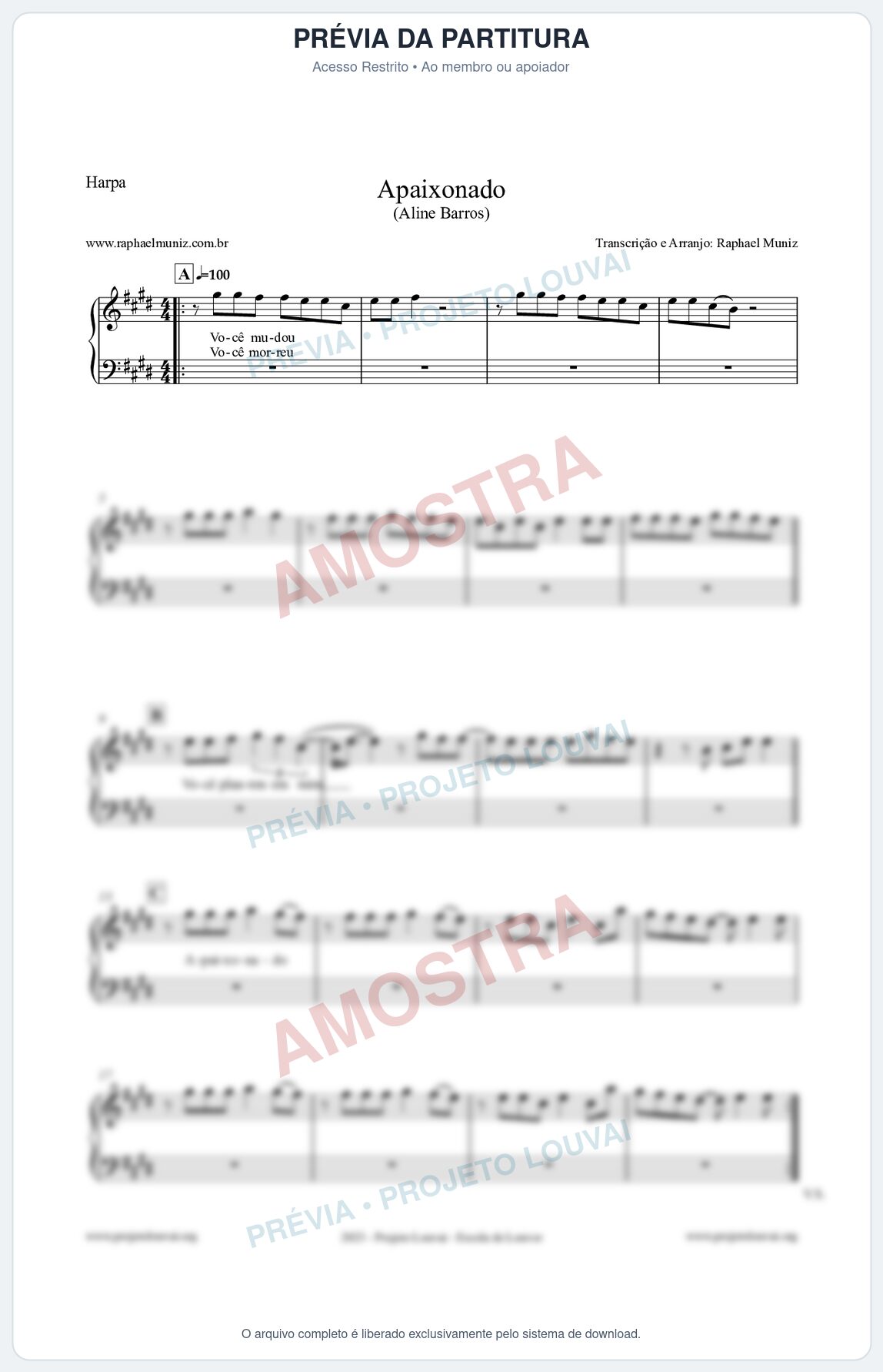 Prévia protegida da primeira página da partitura Partitura para Harpa - Apaixonado - Aline Barros