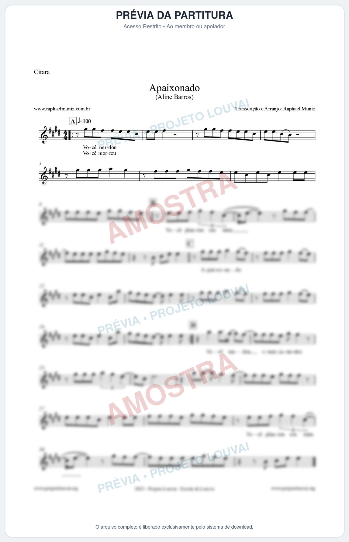 Prévia protegida da primeira página da partitura Partitura para Cítara - Apaixonado - Aline Barros