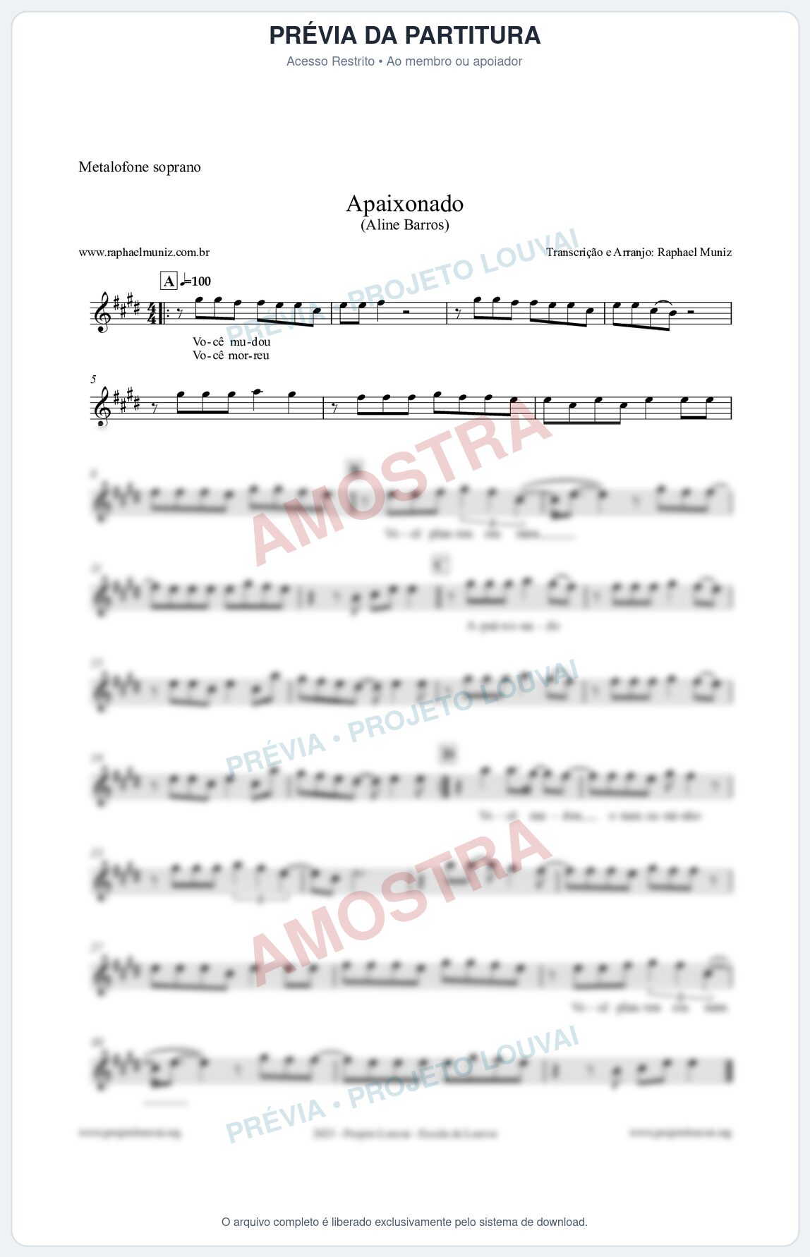 Prévia protegida da primeira página da partitura Partitura para Metalofone soprano - Apaixonado - Aline Barros