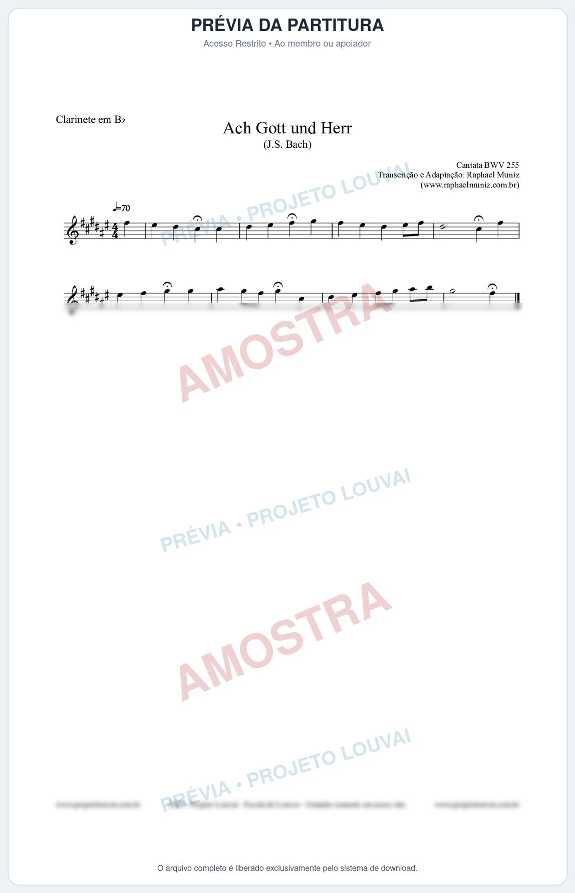Prévia protegida da primeira página da partitura Partitura para Clarinete em Bb - Ach Gott und Herr (BWV 255) (Tom E) - Johann Sebastian Bach