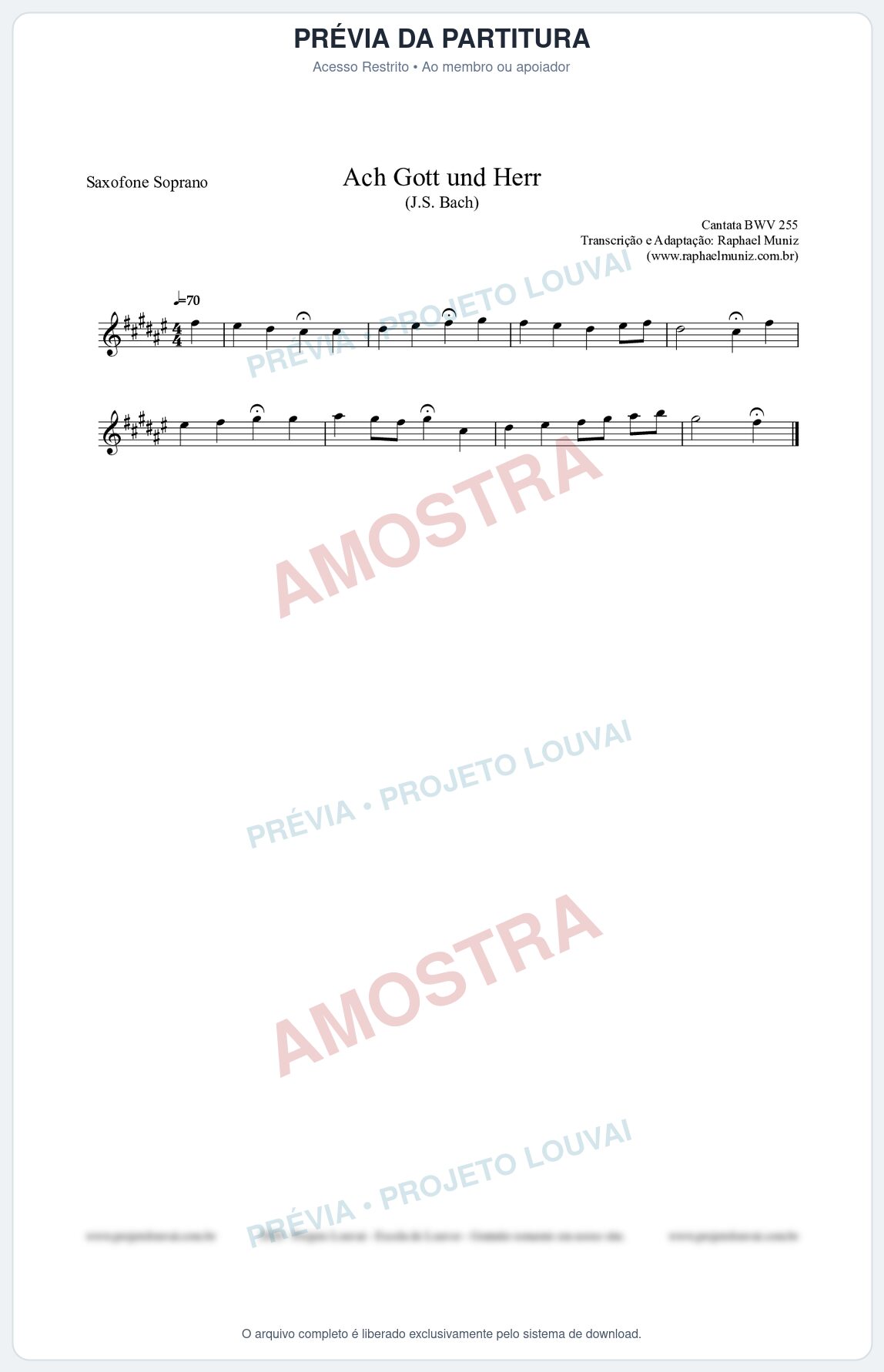 Prévia protegida da primeira página da partitura Partitura para Saxofone Soprano - Ach Gott und Herr (BWV 255) (Tom E) - Johann Sebastian Bach