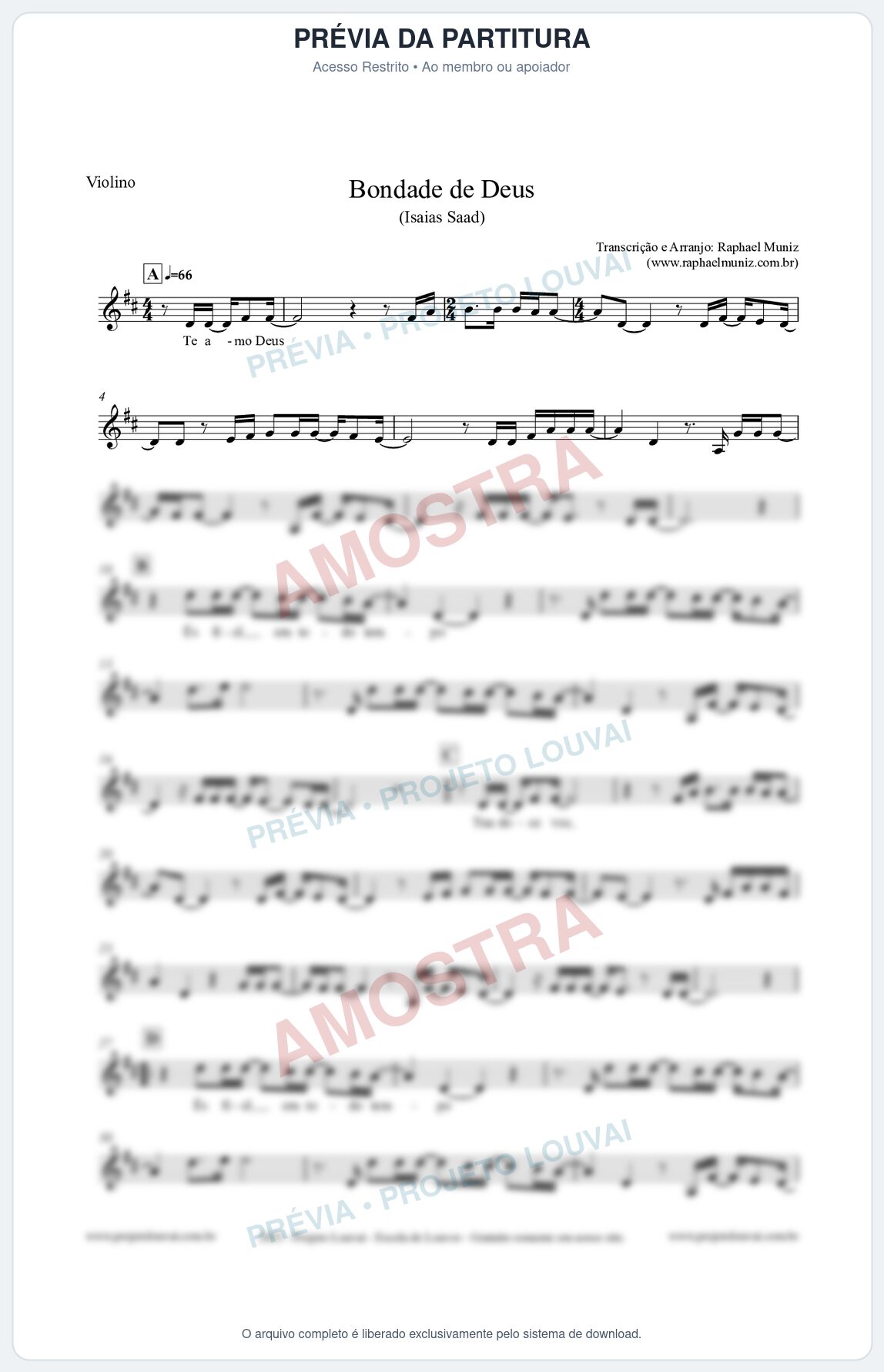Prévia protegida da primeira página da partitura Partitura para Violino - Bondade de Deus - Isaías Saad