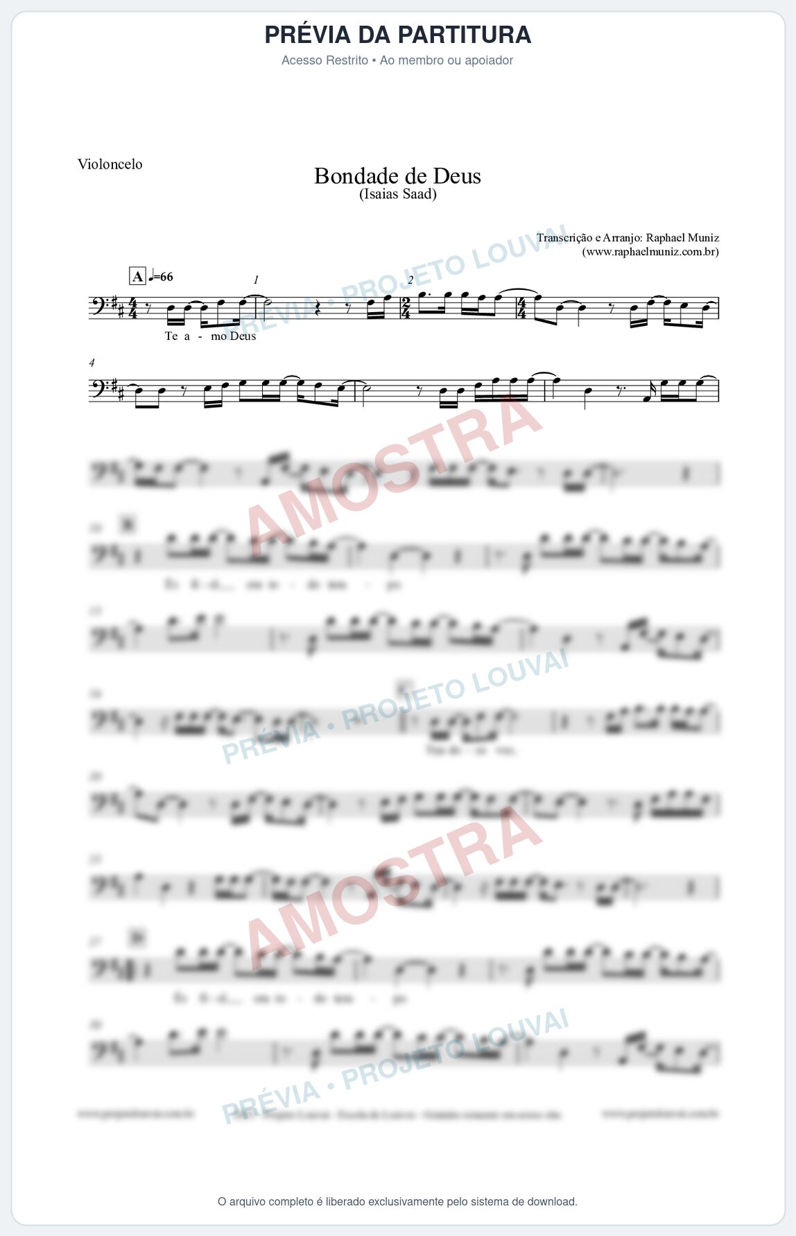 Prévia protegida da primeira página da partitura Partitura para Violoncelo - Bondade de Deus - Isaías Saad
