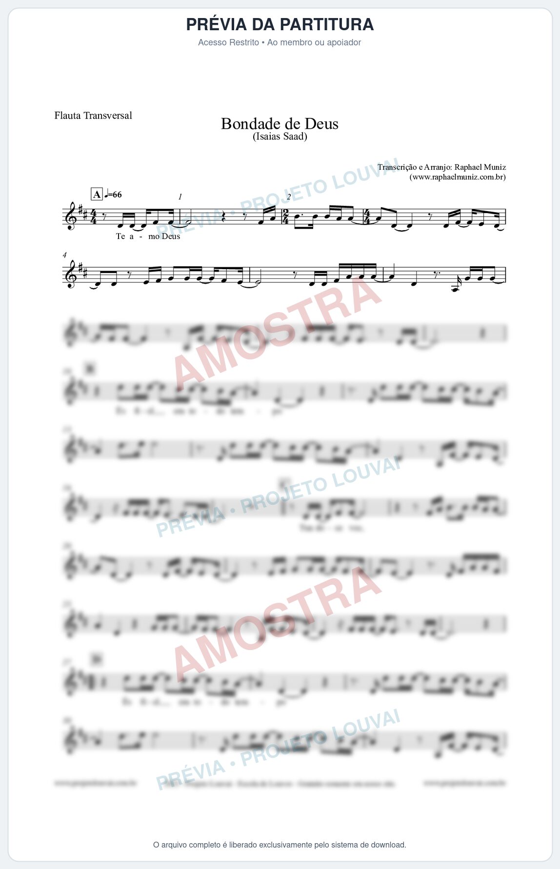 Prévia protegida da primeira página da partitura Partitura para Flauta Transversal - Bondade de Deus - Isaías Saad