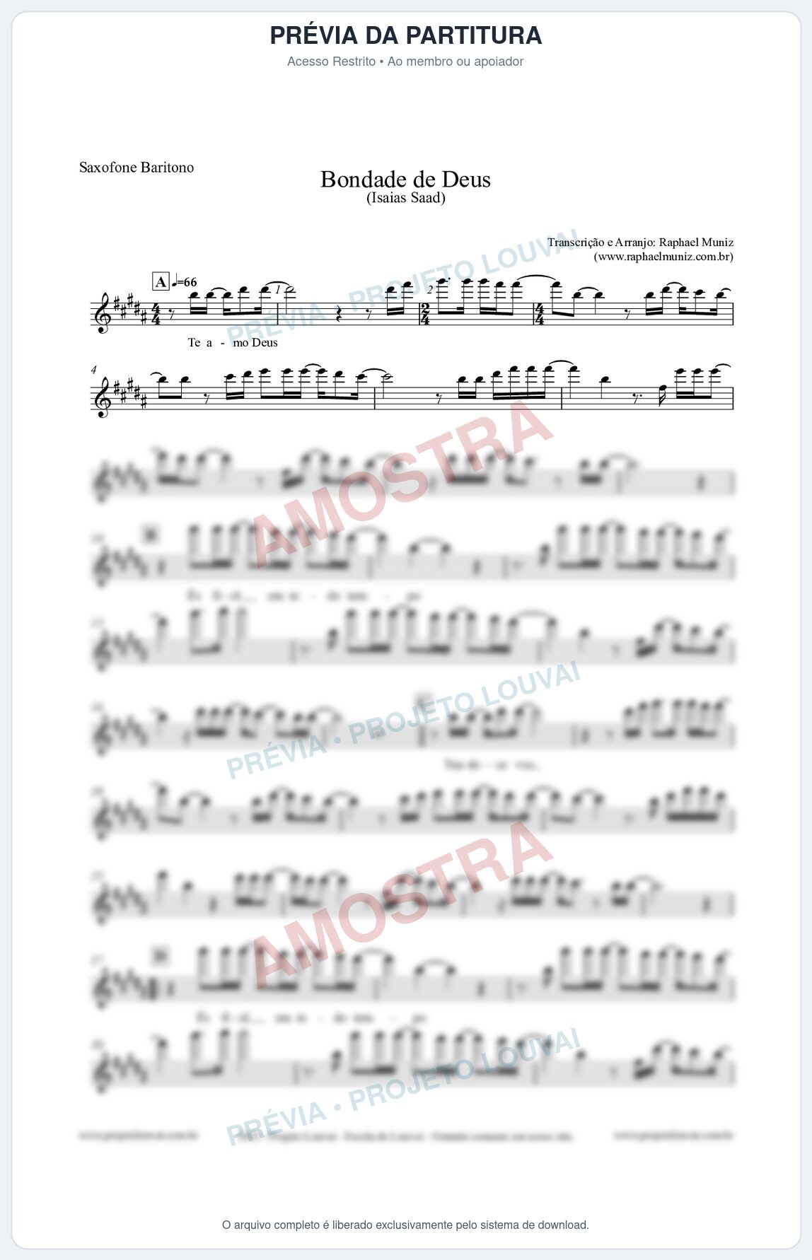 Prévia protegida da primeira página da partitura Partitura para Saxofone Barítono - Bondade de Deus - Isaías Saad