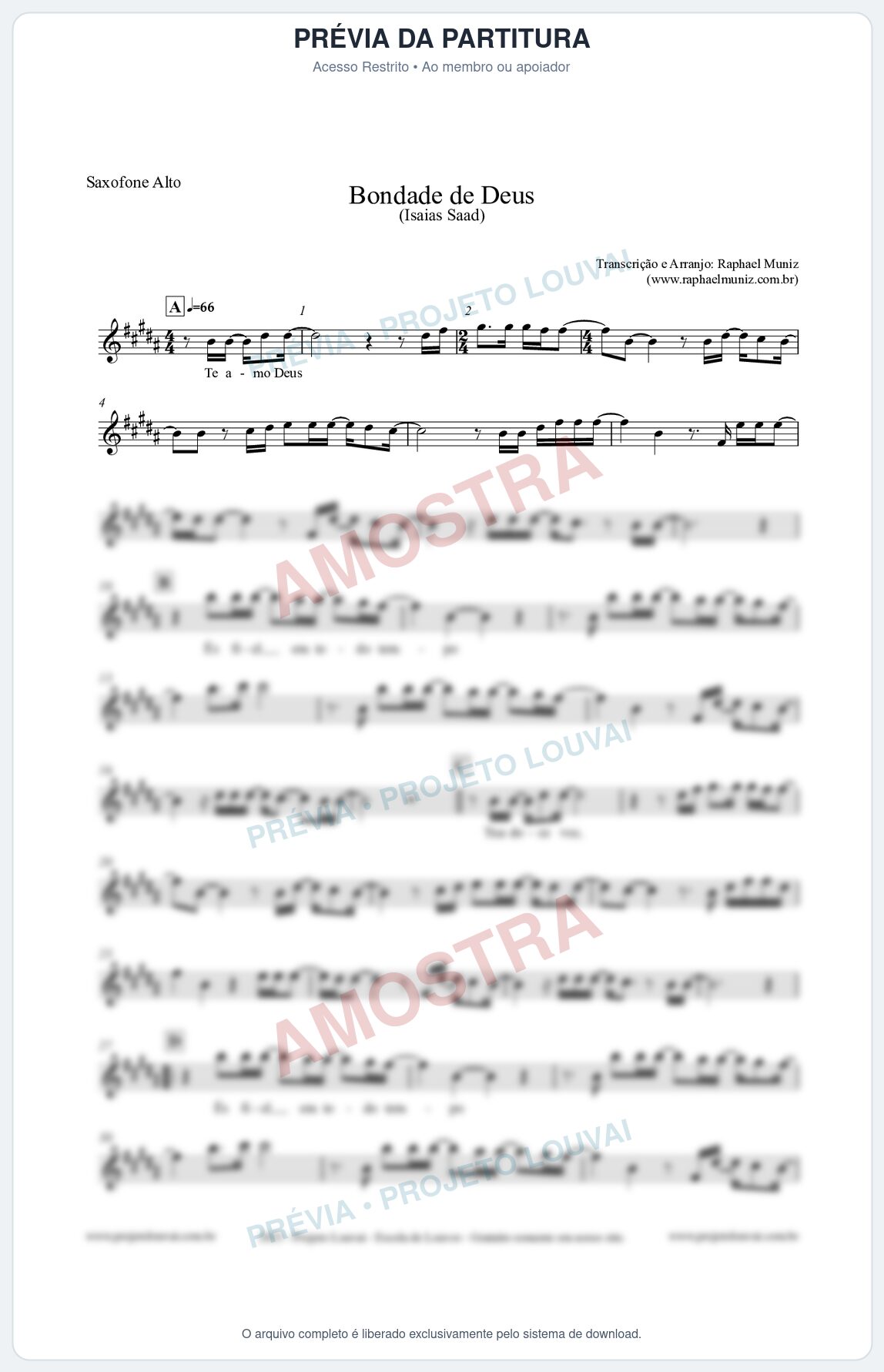 Prévia protegida da primeira página da partitura Partitura para Saxofone Alto - Bondade de Deus - Isaías Saad