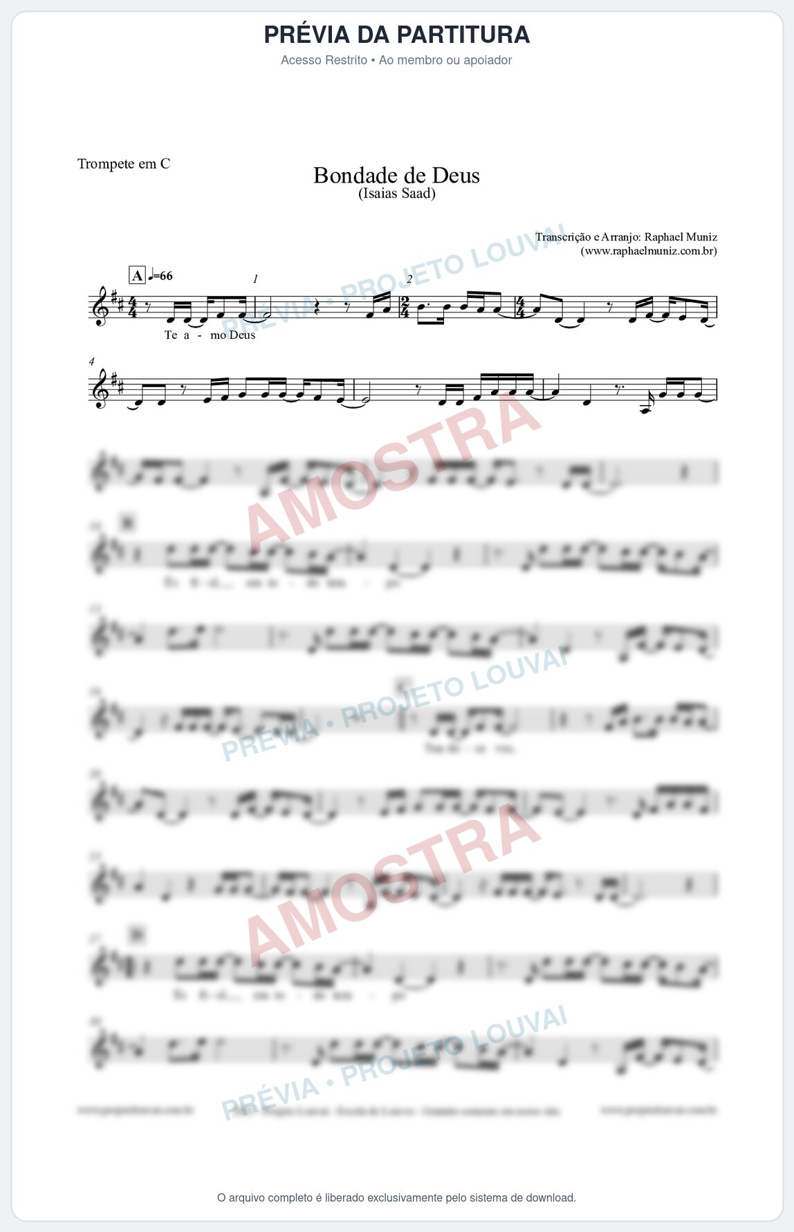 Prévia protegida da primeira página da partitura Partitura para Trompete em C - Bondade de Deus - Isaías Saad