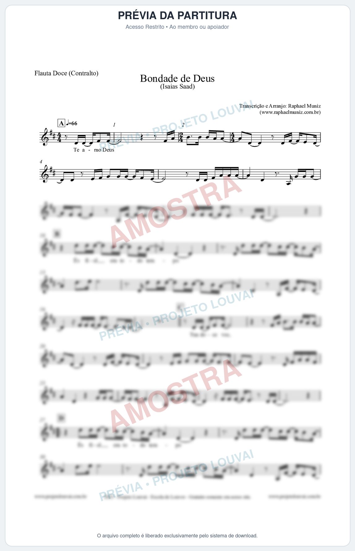 Prévia protegida da primeira página da partitura Partitura para Flauta Doce (Contralto) - Bondade de Deus - Isaías Saad