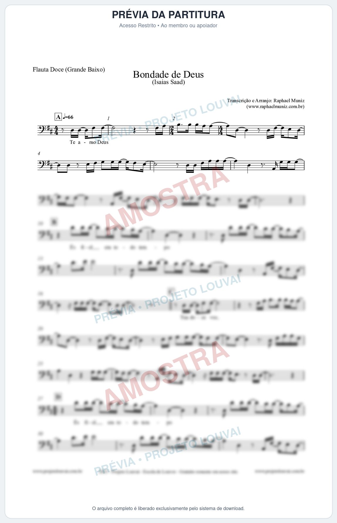 Prévia protegida da primeira página da partitura Partitura para Flauta Doce (Grande Baixo) - Bondade de Deus - Isaías Saad