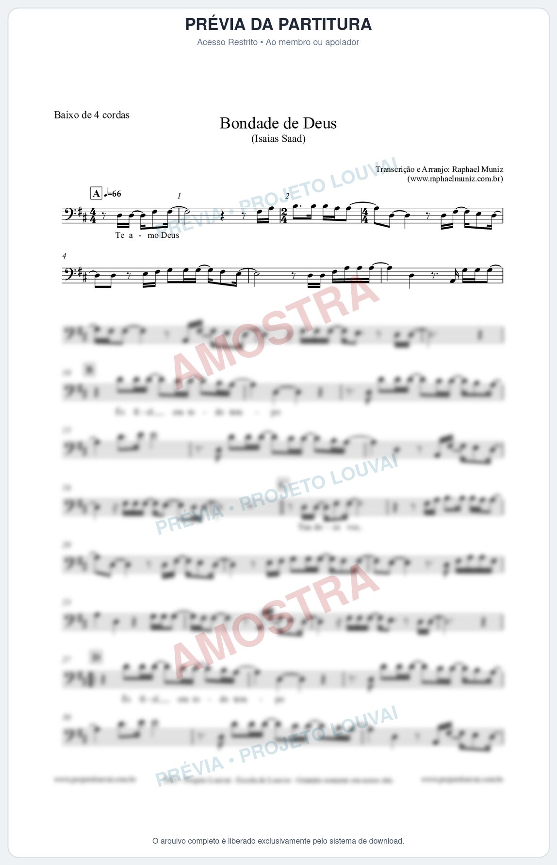 Prévia protegida da primeira página da partitura Partitura para Baixo de 4 cordas - Bondade de Deus - Isaías Saad