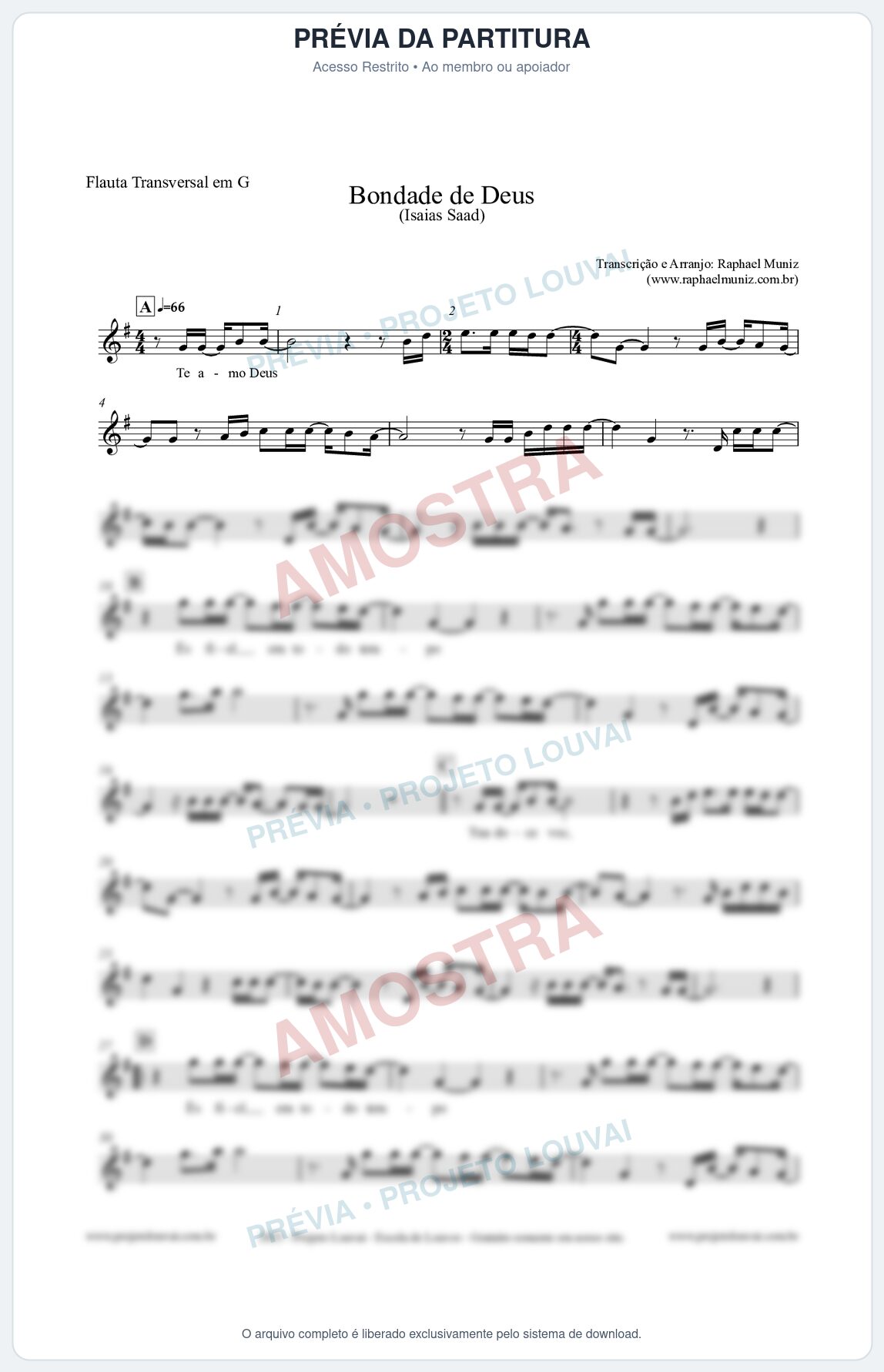 Prévia protegida da primeira página da partitura Partitura para Flauta Transversal em G - Bondade de Deus - Isaías Saad