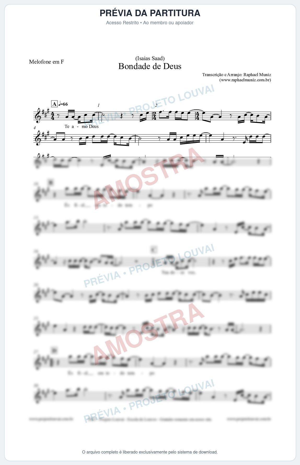 Prévia protegida da primeira página da partitura Partitura para Melofone em F - Bondade de Deus - Isaías Saad