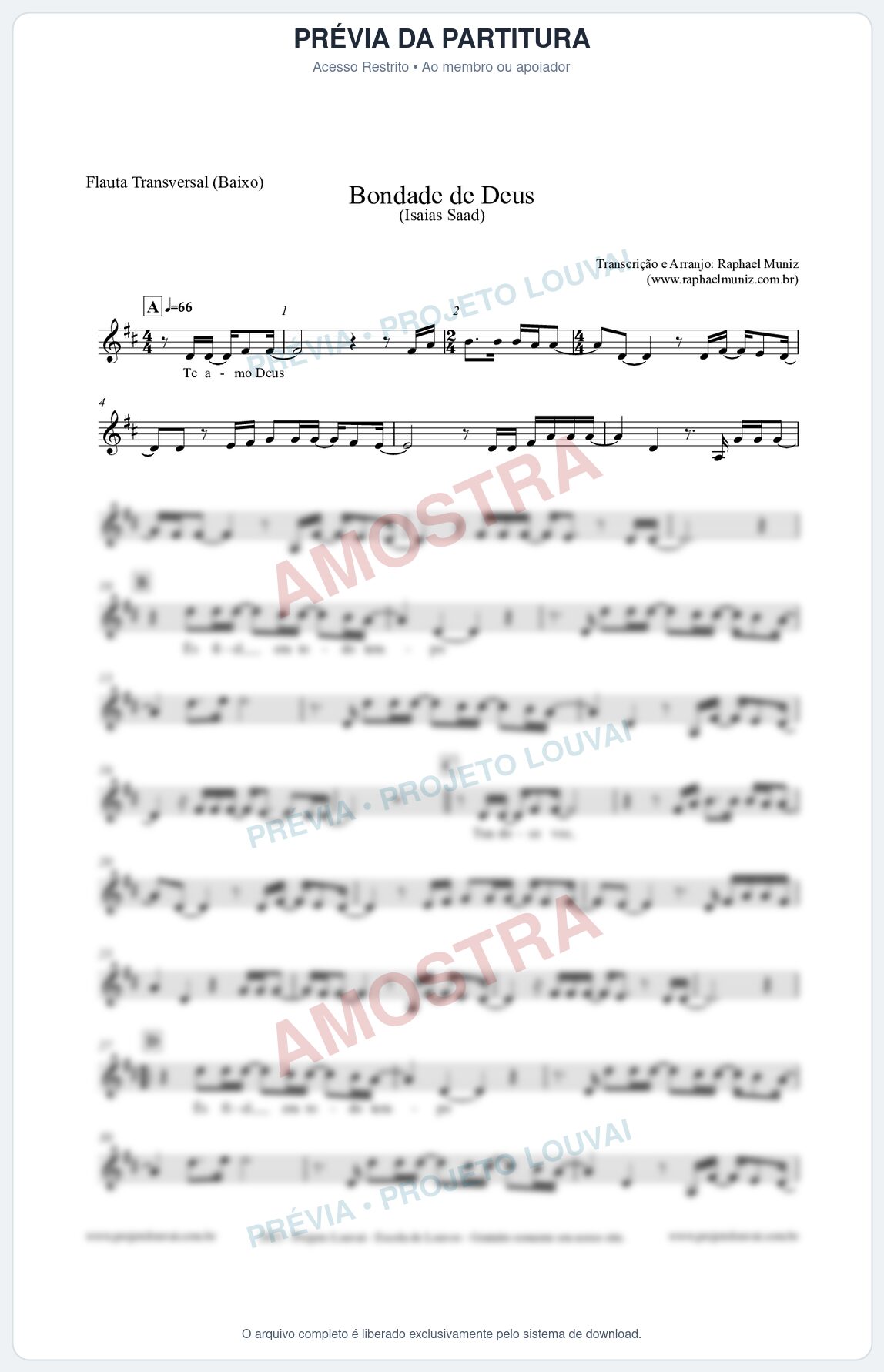 Prévia protegida da primeira página da partitura Partitura para Flauta Transversal (Baixo) - Bondade de Deus - Isaías Saad