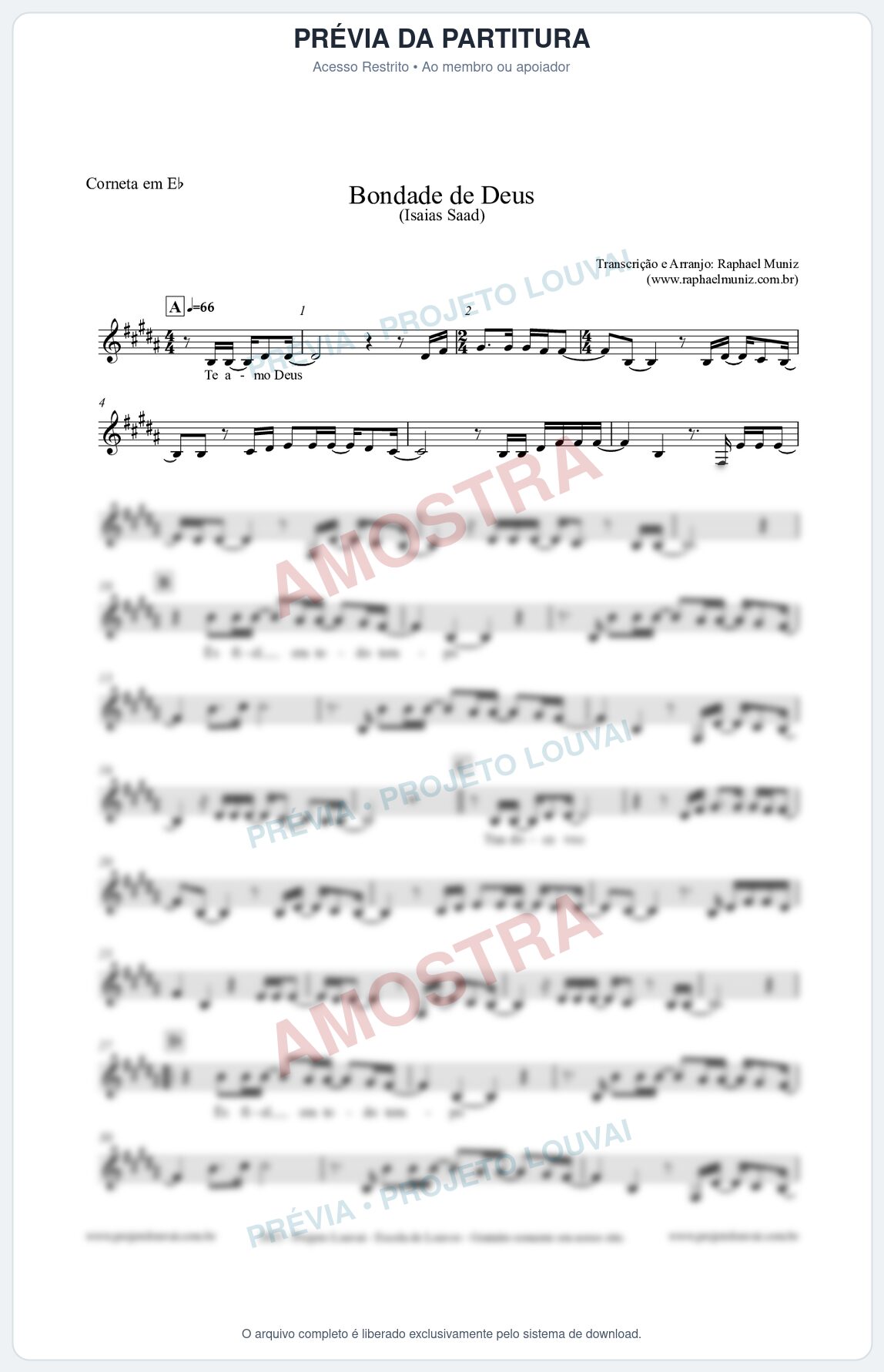 Prévia protegida da primeira página da partitura Partitura para Corneta em Eb - Bondade de Deus - Isaías Saad