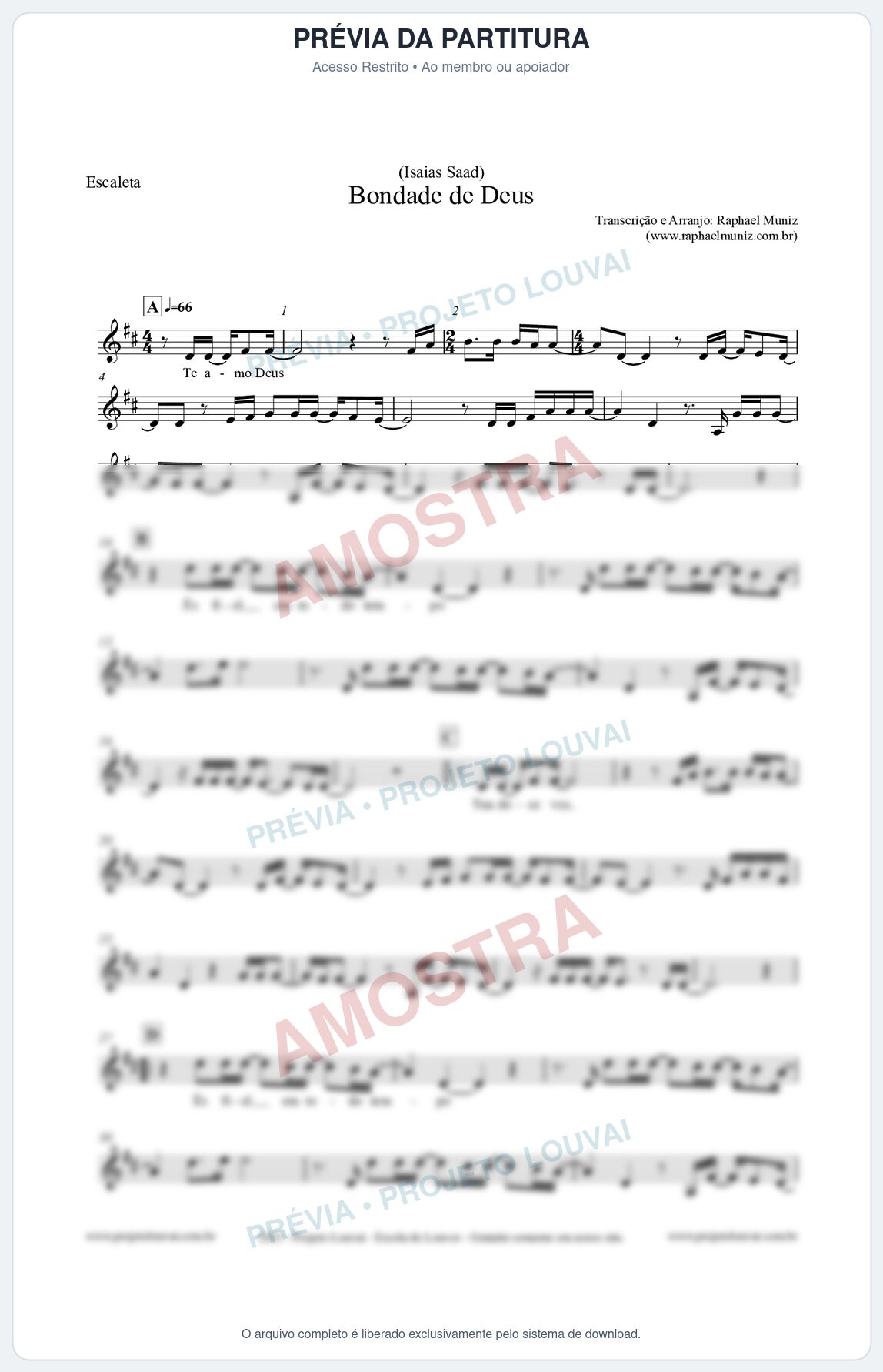 Prévia protegida da primeira página da partitura Partitura para Escaleta - Bondade de Deus - Isaías Saad