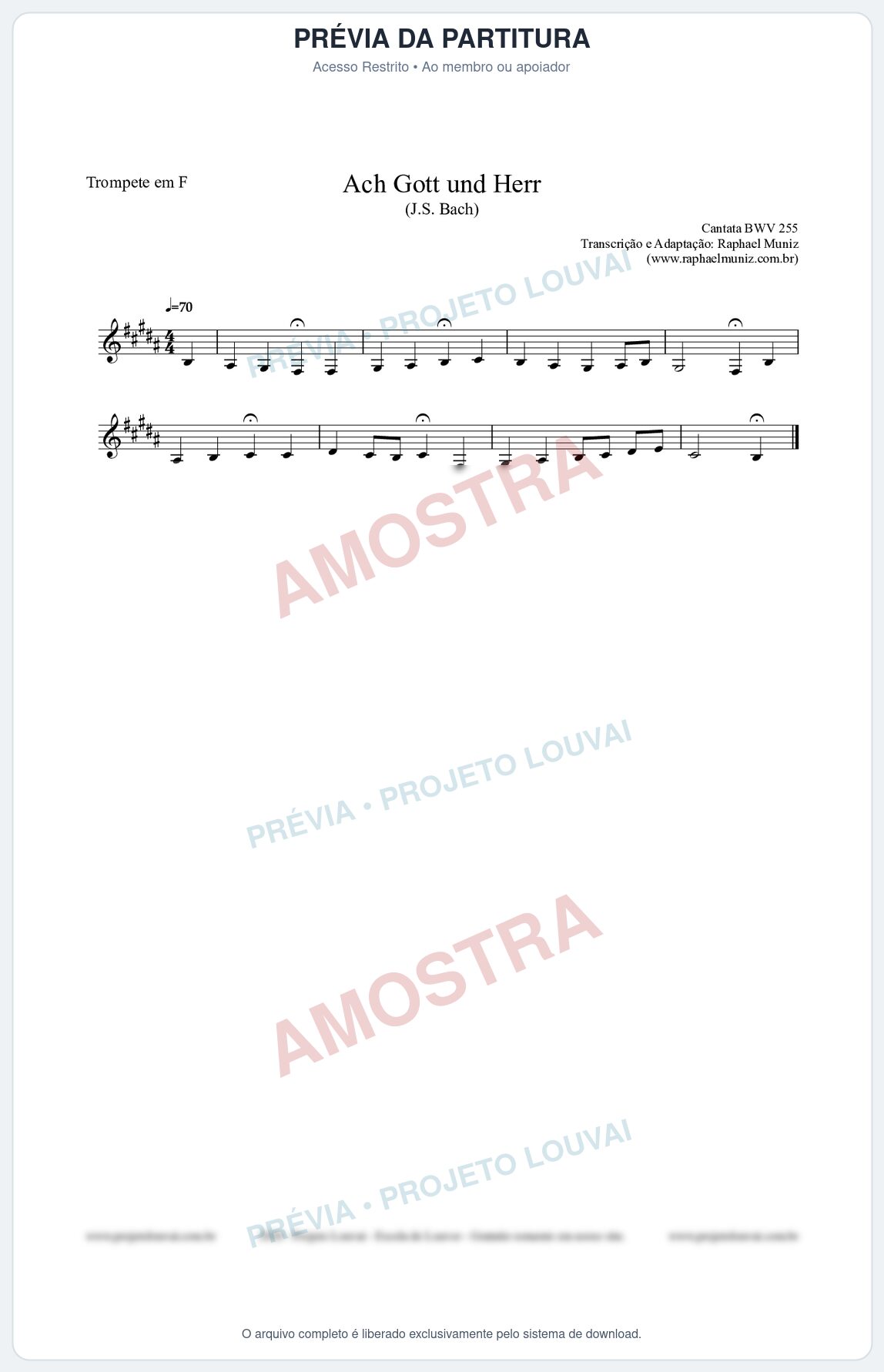 Prévia protegida da primeira página da partitura Partitura para Trompete em F - Ach Gott und Herr (BWV 255) (Tom E) - Johann Sebastian Bach