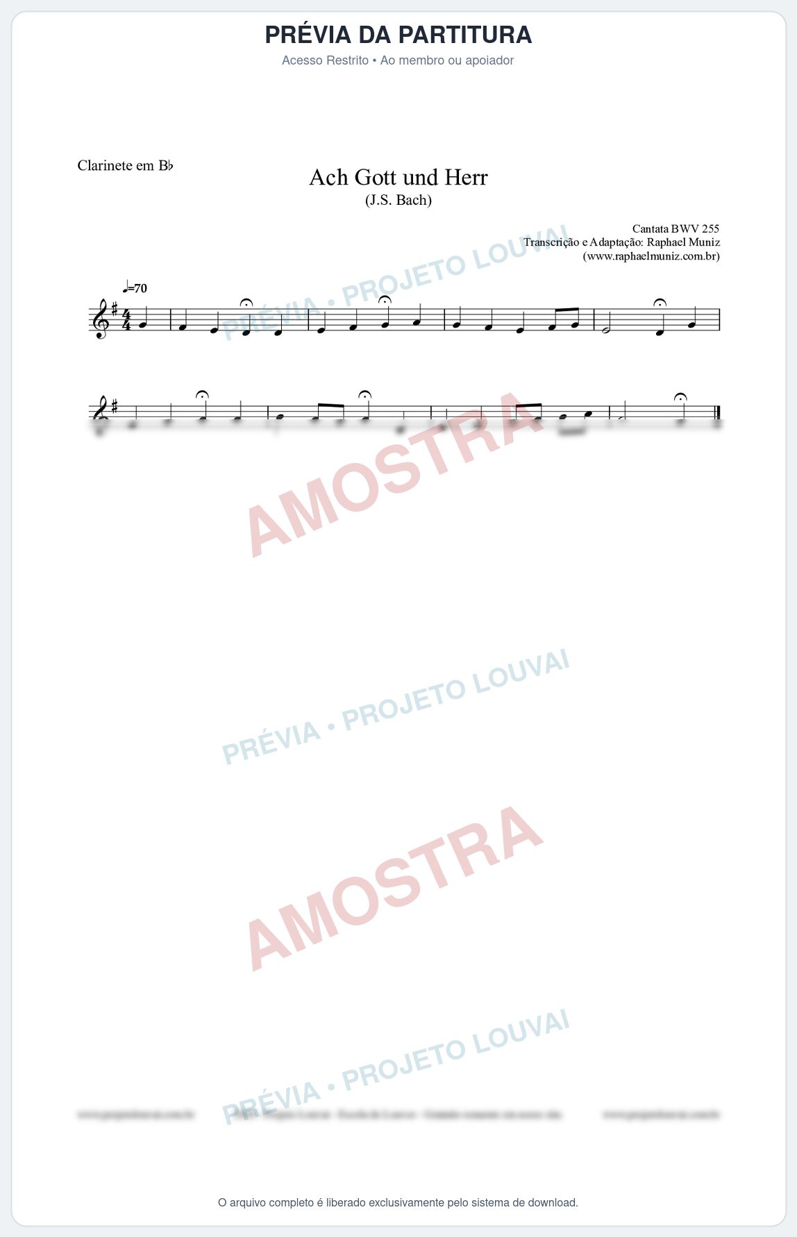 Prévia protegida da primeira página da partitura Partitura para Clarinete em Bb - Ach Gott und Herr (BWV 255) (Tom F) - Johann Sebastian Bach