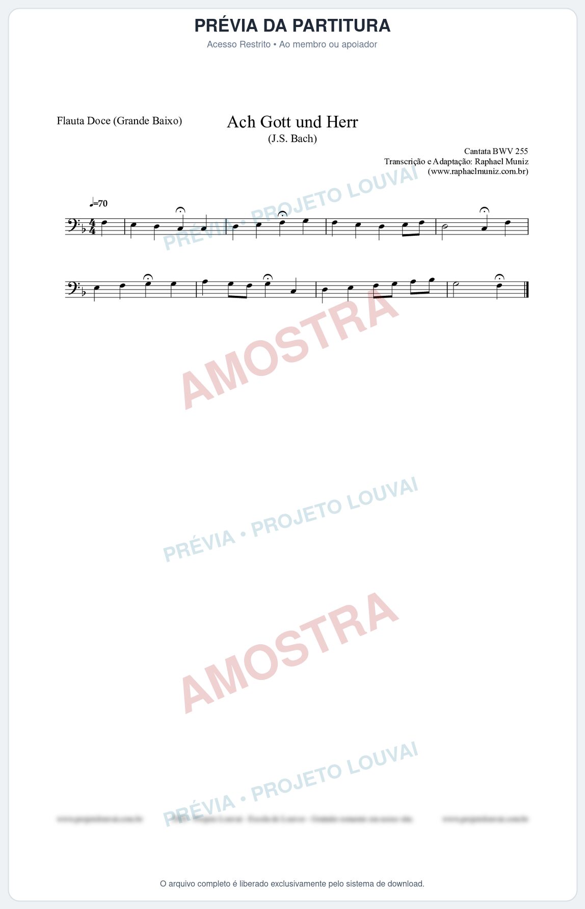 Prévia protegida da primeira página da partitura Partitura para Flauta Doce (Grande Baixo) - Ach Gott und Herr (BWV 255) (Tom F) - Johann Sebastian Bach