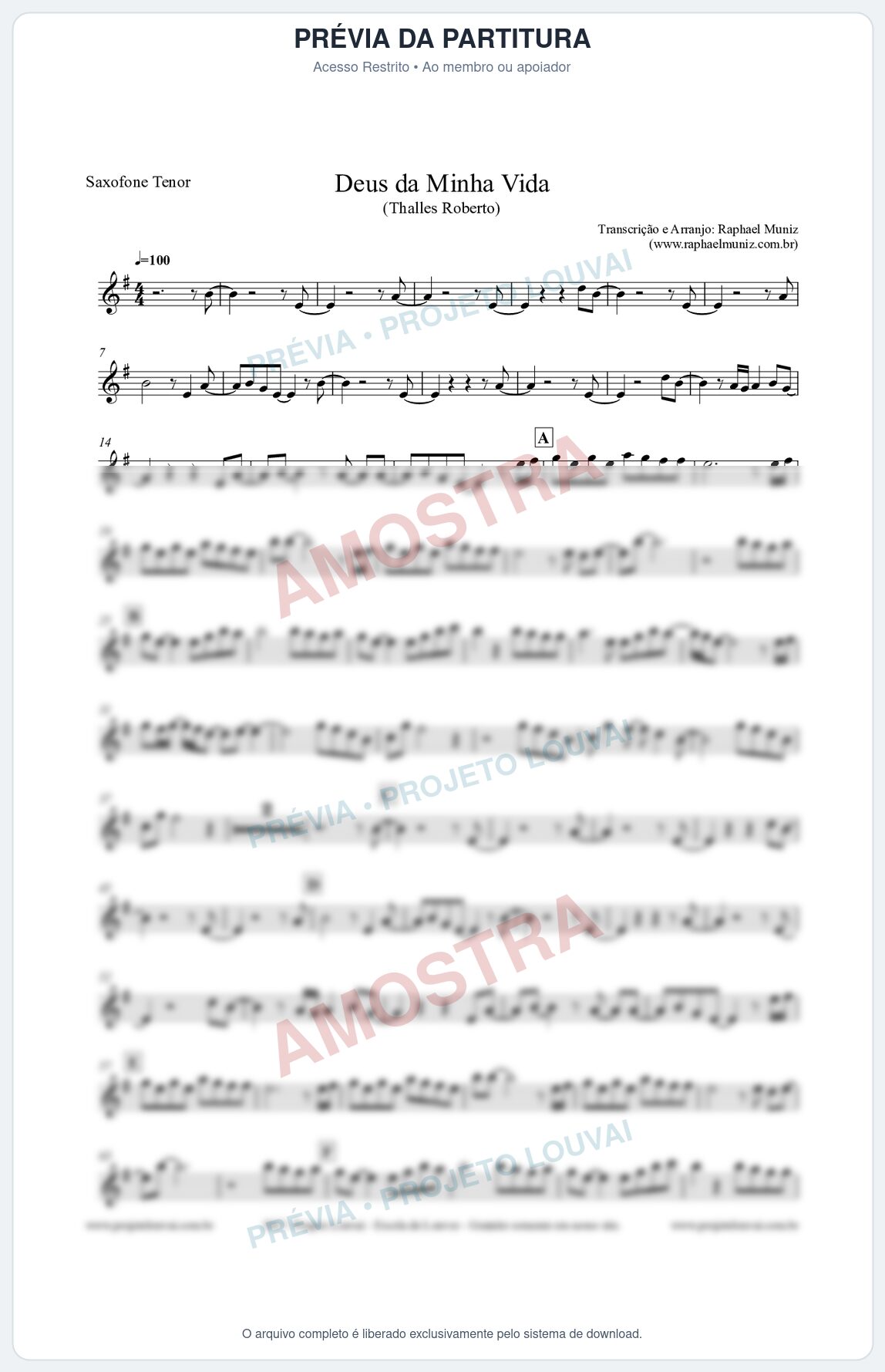 Prévia protegida da primeira página da partitura Partitura para Sax Tenor - Deus da minha vida - Thalles Roberto