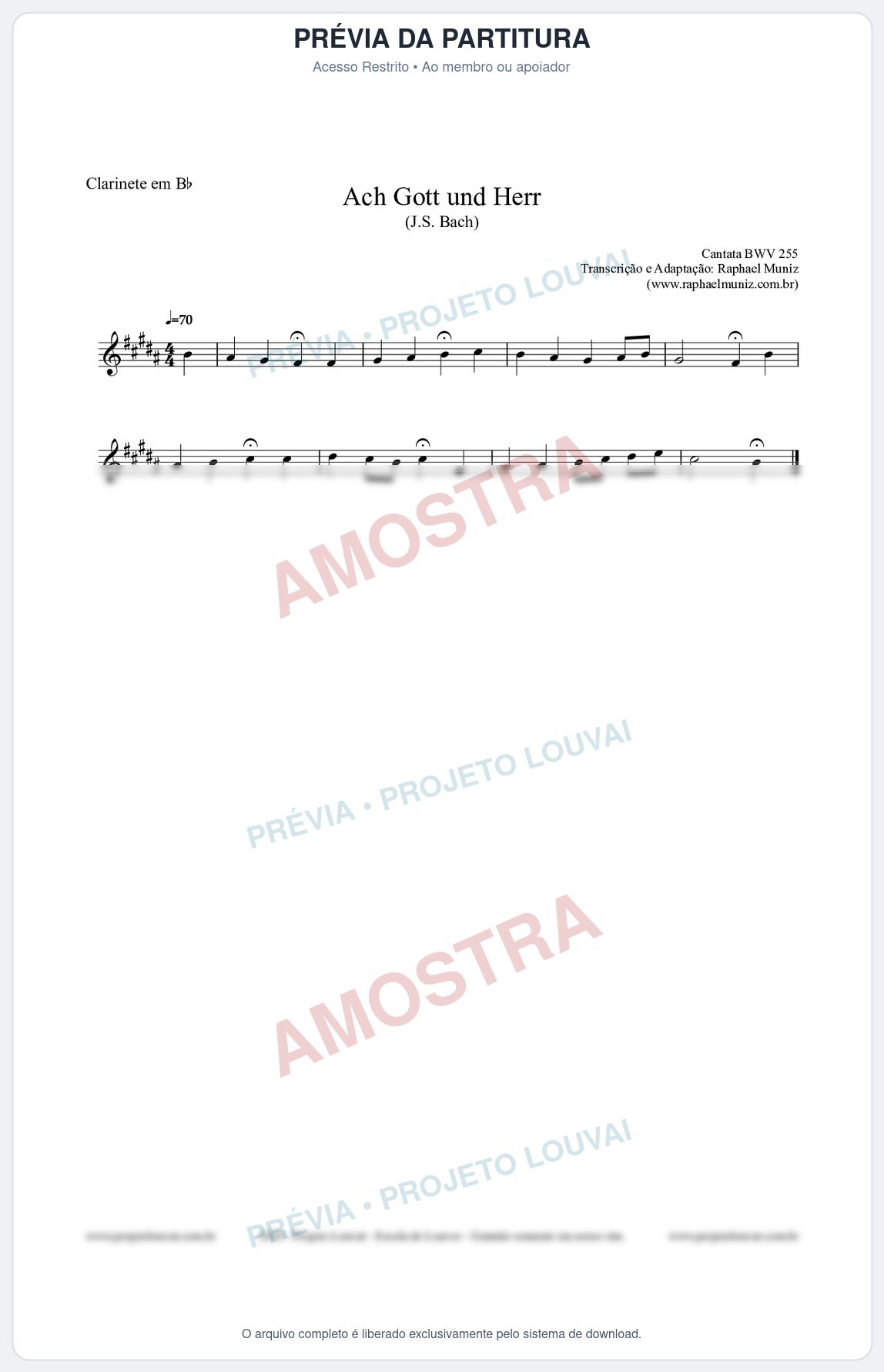 Prévia protegida da primeira página da partitura Partitura para Clarinete em Bb - Ach Gott und Herr (BWV 255) (Tom A) - Johann Sebastian Bach