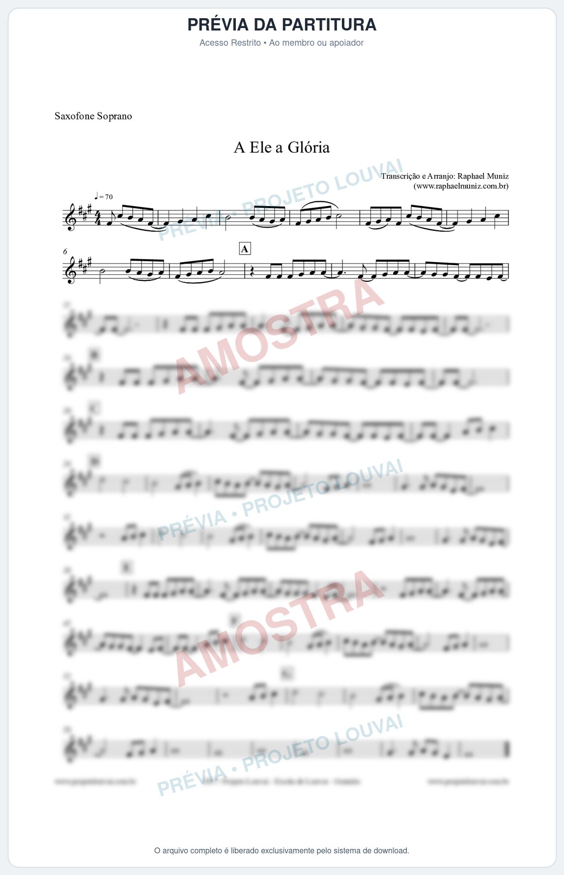 Prévia protegida da primeira página da partitura Partitura para Sax Soprano - A Ele a Glória - Diante do Trono