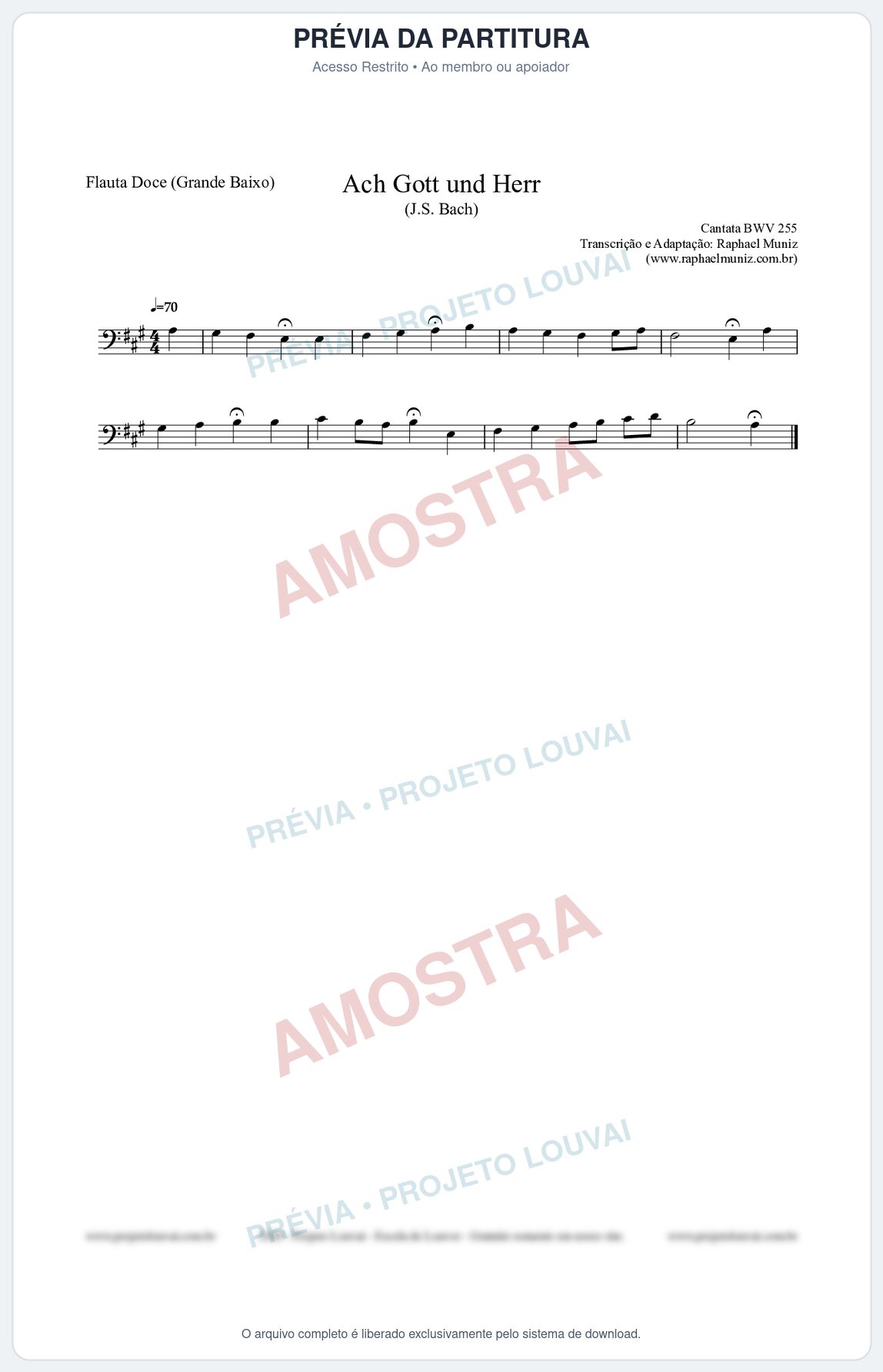 Prévia protegida da primeira página da partitura Partitura para Flauta Doce (Grande Baixo) - Ach Gott und Herr (BWV 255) (Tom A) - Johann Sebastian Bach