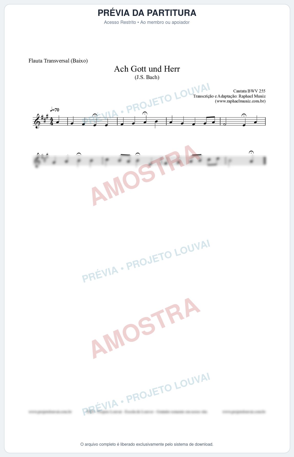 Prévia protegida da primeira página da partitura Partitura para Flauta Transversal (Baixo) - Ach Gott und Herr (BWV 255) (Tom A) - Johann Sebastian Bach
