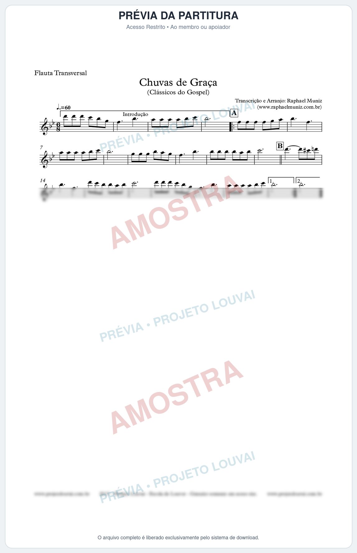 Prévia protegida da primeira página da partitura Partitura para Flauta Transversal - Chuvas de Graças  - Harpa Cristã nº1 - Clássicos do Gospel