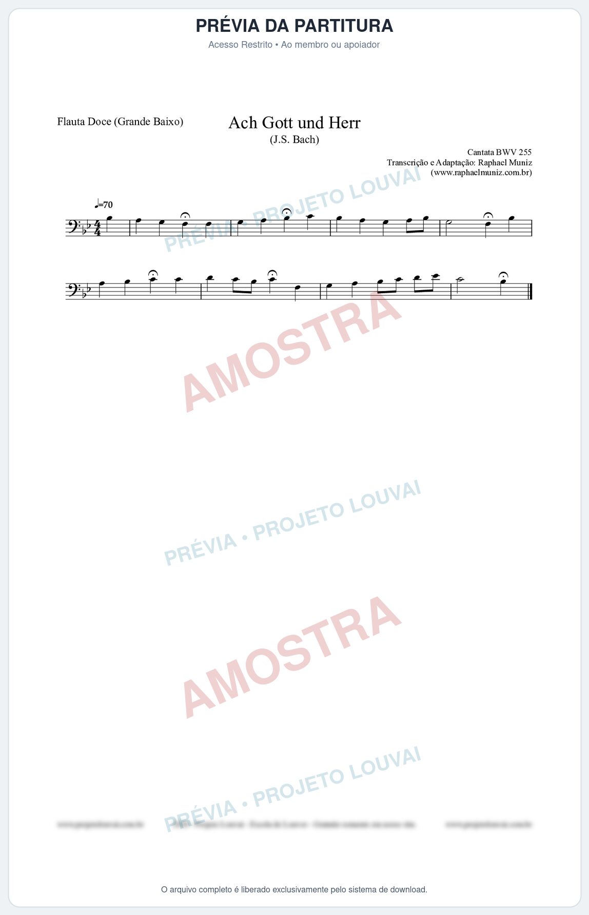 Prévia protegida da primeira página da partitura Partitura para Flauta Doce (Grande Baixo) - Ach Gott und Herr (BWV 255) (Tom Bb) - Johann Sebastian Bach