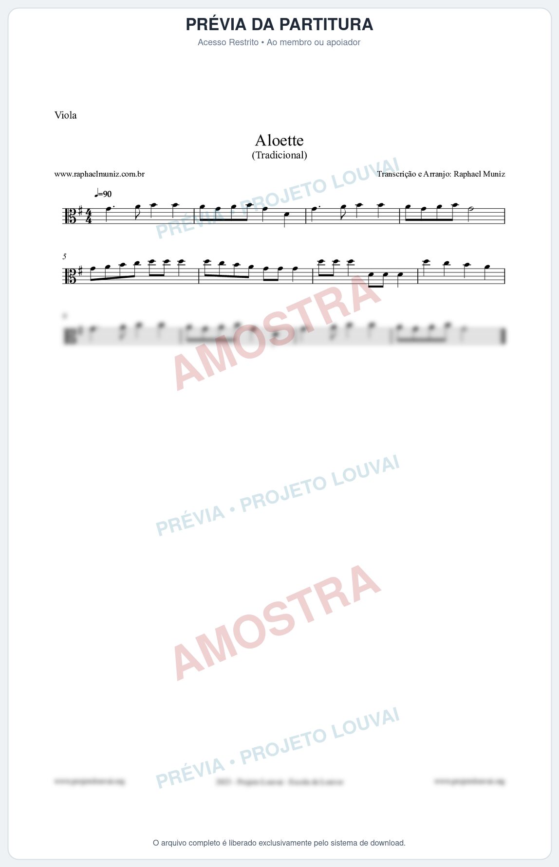 Prévia protegida da primeira página da partitura Partitura para Viola - Aloette - Tradicional
