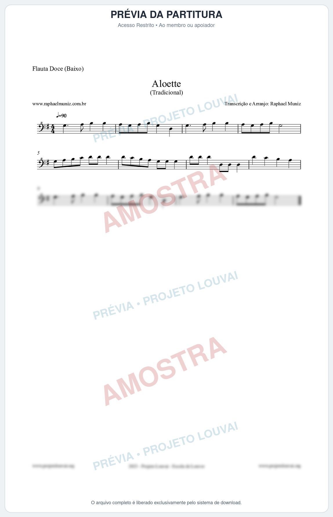 Prévia protegida da primeira página da partitura Partitura para Flauta Doce (Baixo) - Aloette - Tradicional