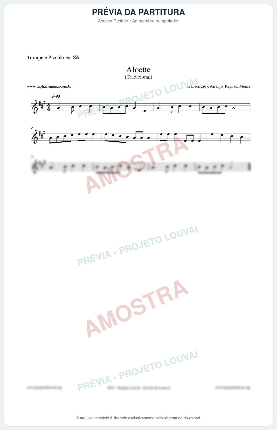 Prévia protegida da primeira página da partitura Partitura para Trompete Piccolo em Sib - Aloette - Tradicional