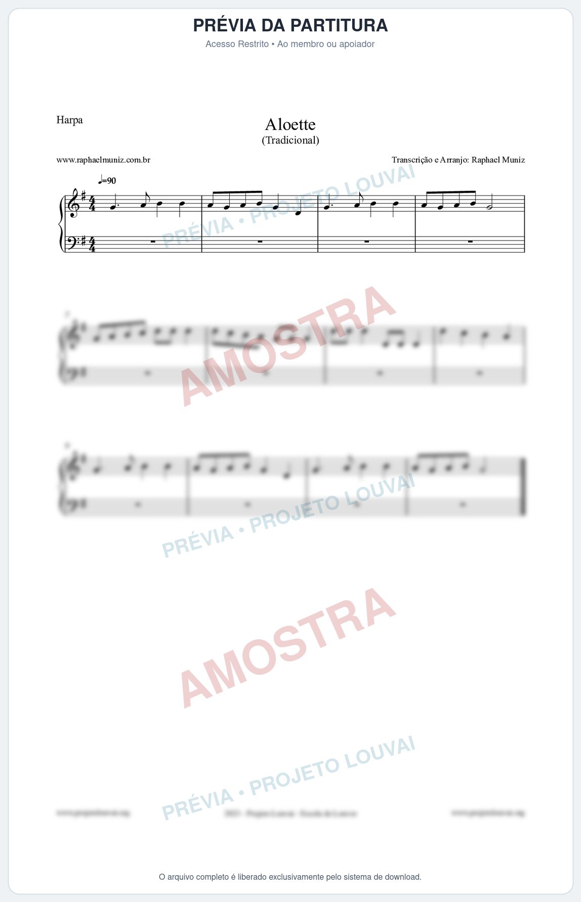 Prévia protegida da primeira página da partitura Partitura para Harpa - Aloette - Tradicional
