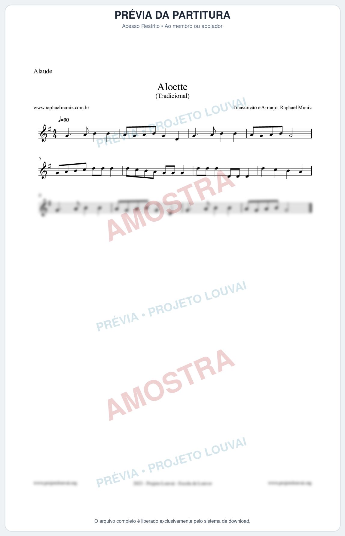 Prévia protegida da primeira página da partitura Partitura para Alaúde - Aloette - Tradicional