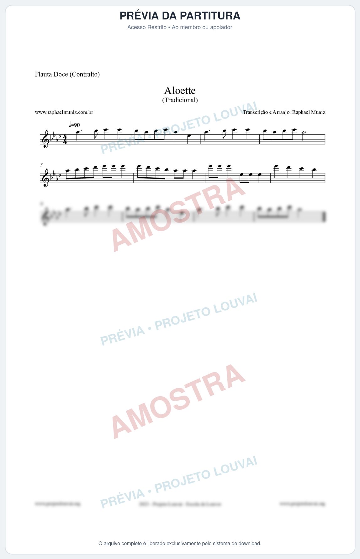Prévia protegida da primeira página da partitura Partitura para Flauta Doce (Contralto) - Aloette - Tradicional