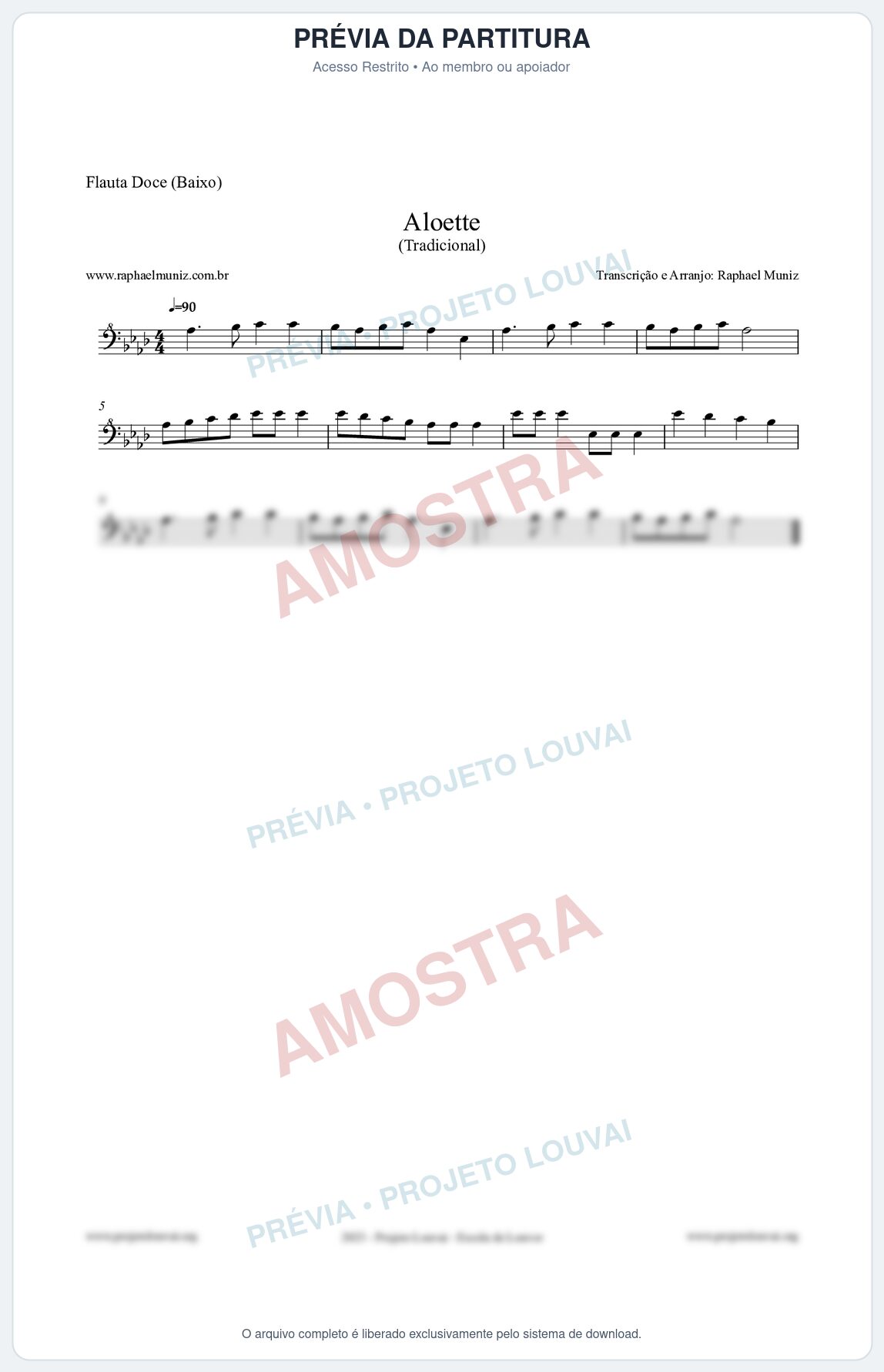 Prévia protegida da primeira página da partitura Partitura para Flauta Doce (Baixo) - Aloette - Tradicional