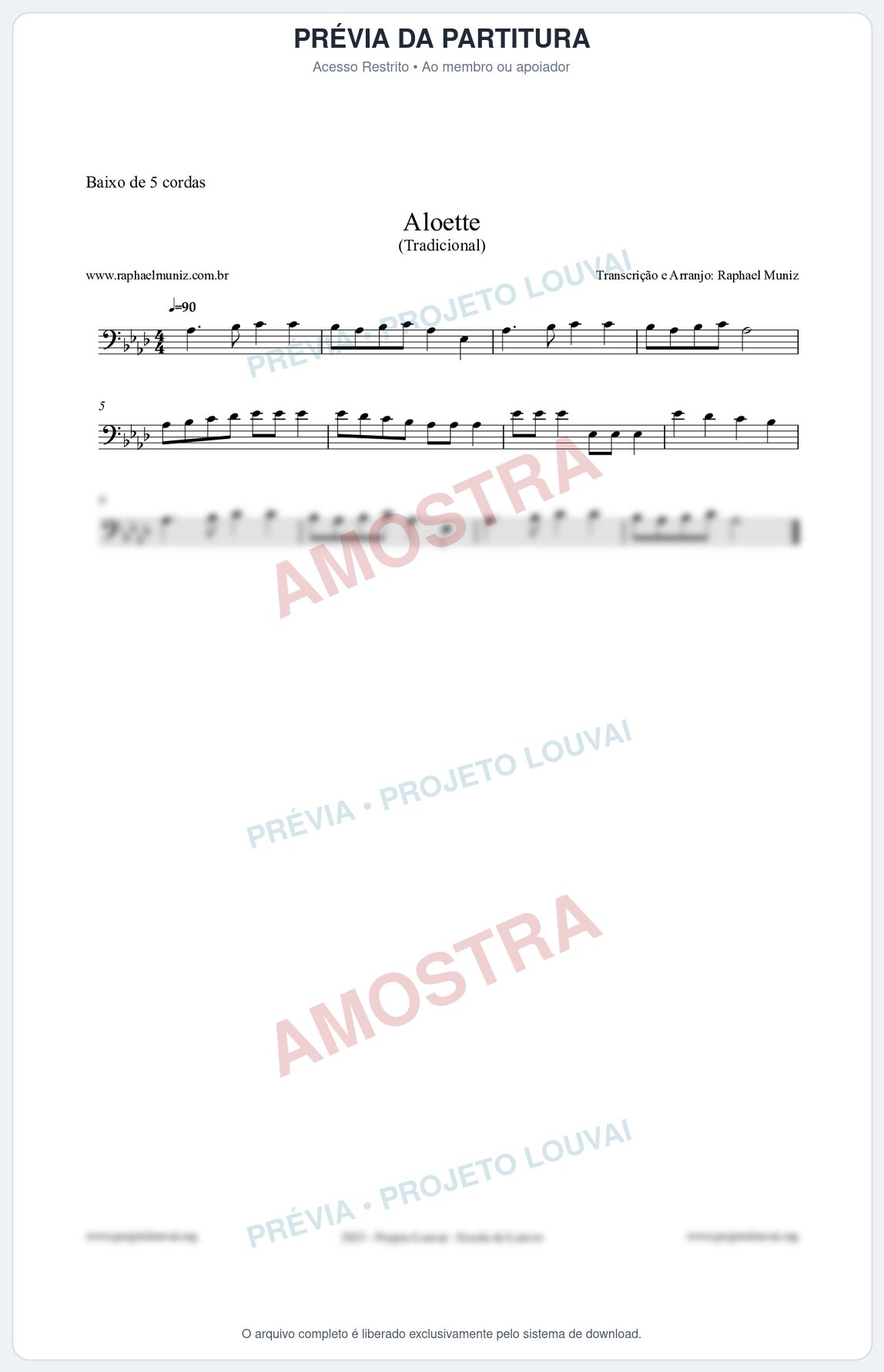Prévia protegida da primeira página da partitura Partitura para Baixo de 5 cordas - Aloette - Tradicional