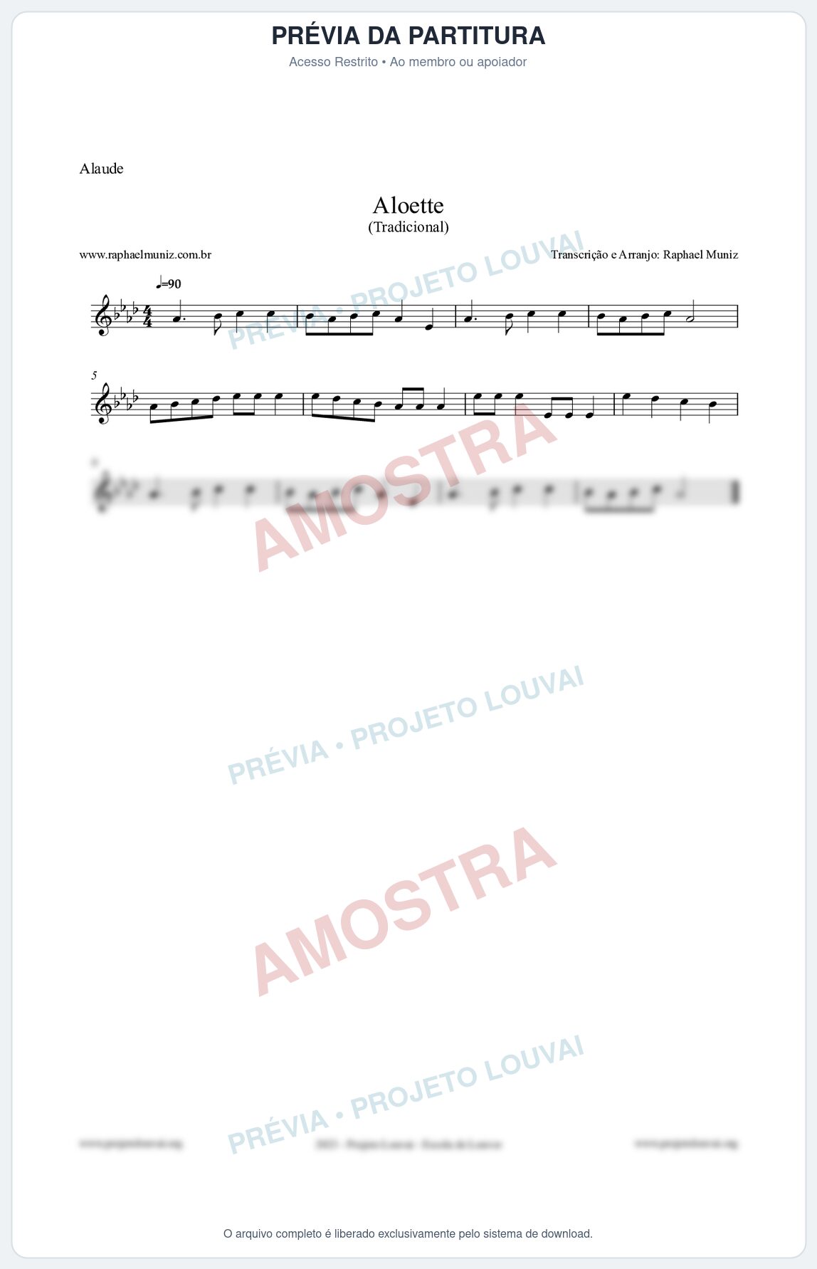 Prévia protegida da primeira página da partitura Partitura para Alaúde - Aloette - Tradicional