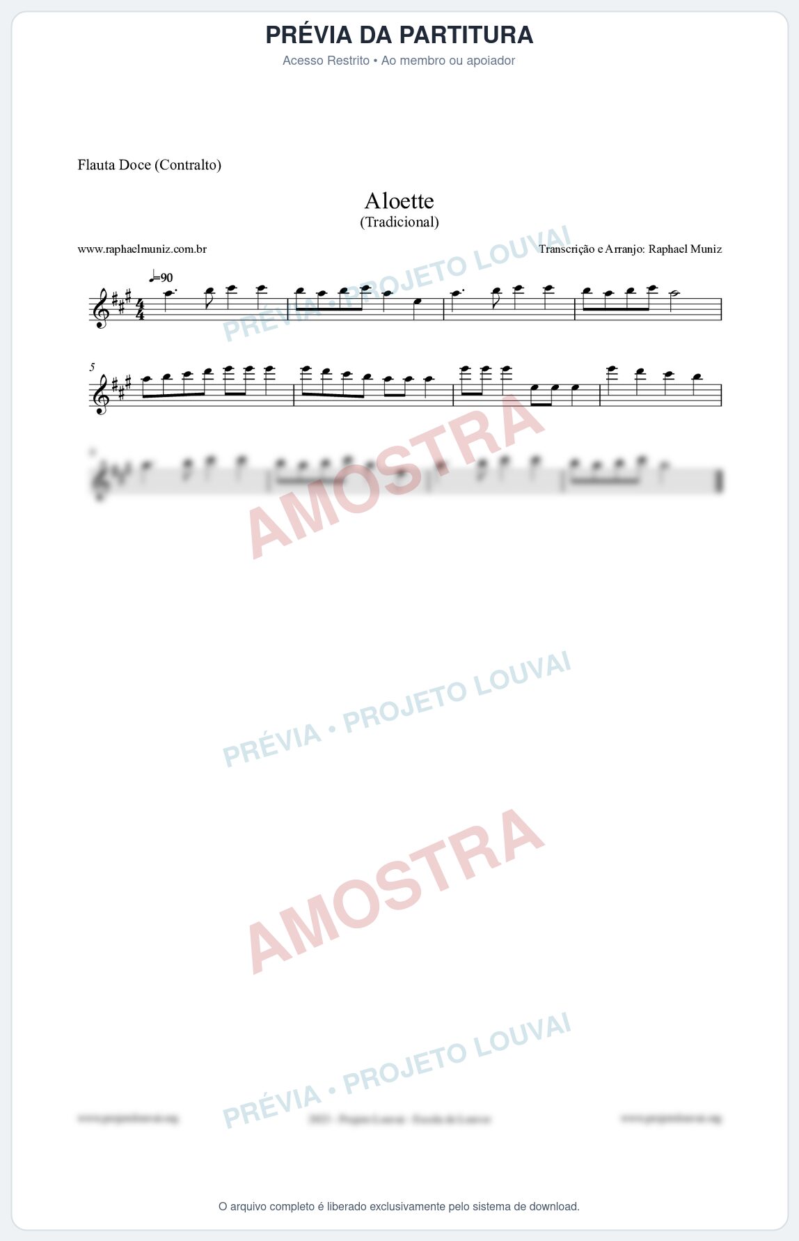 Prévia protegida da primeira página da partitura Partitura para Flauta Doce (Contralto) - Aloette - Tradicional