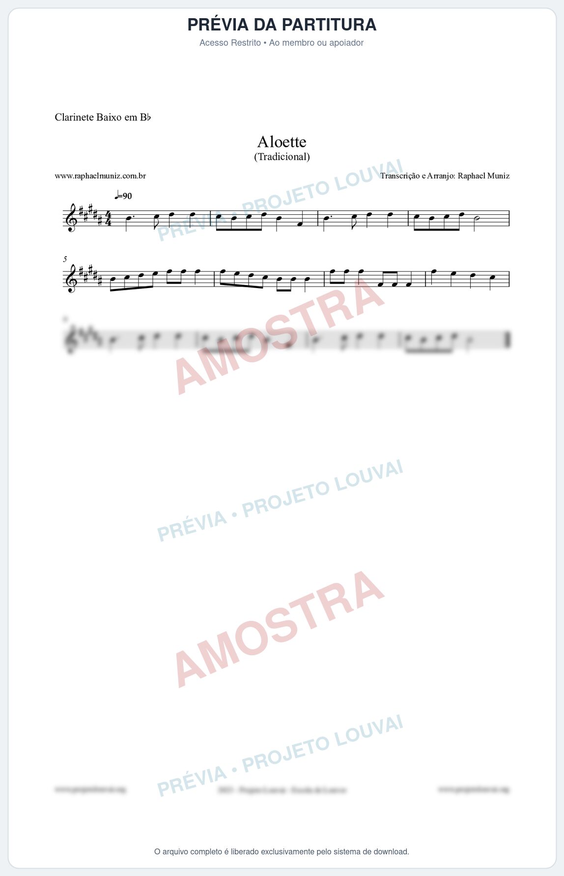 Prévia protegida da primeira página da partitura Partitura para Clarinete Baixo em Bb - Aloette - Tradicional