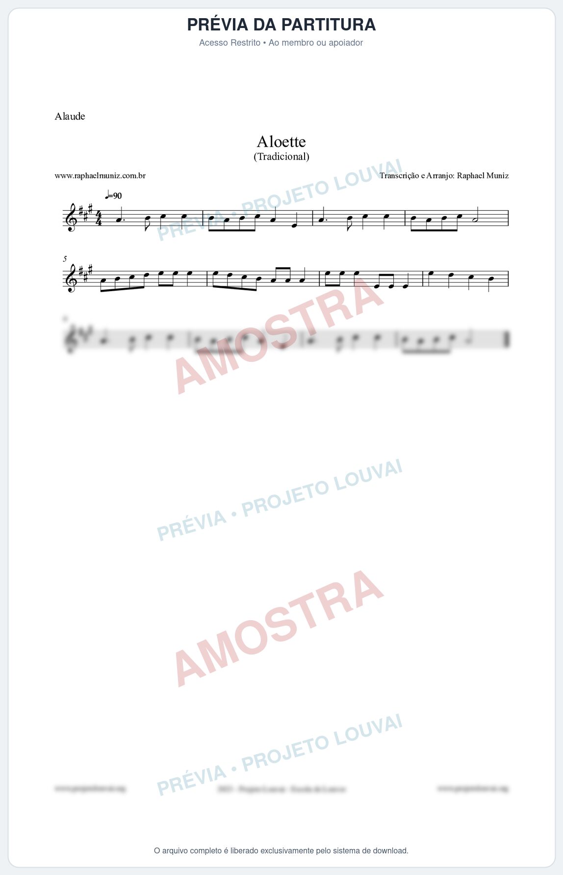 Prévia protegida da primeira página da partitura Partitura para Alaúde - Aloette - Tradicional