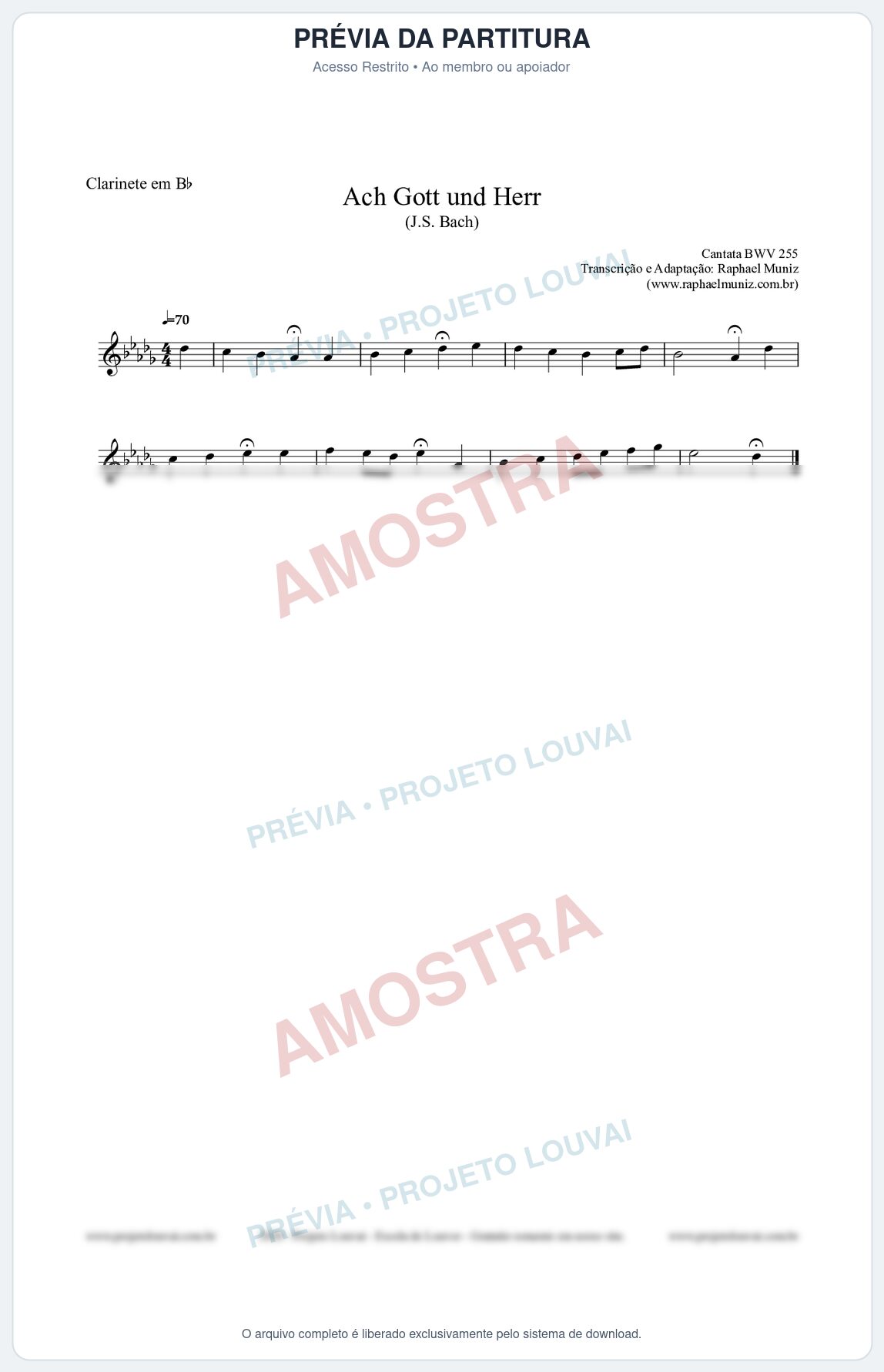 Prévia protegida da primeira página da partitura Partitura para Clarinete em Bb - Ach Gott und Herr (BWV 255) (Tom B) - Johann Sebastian Bach