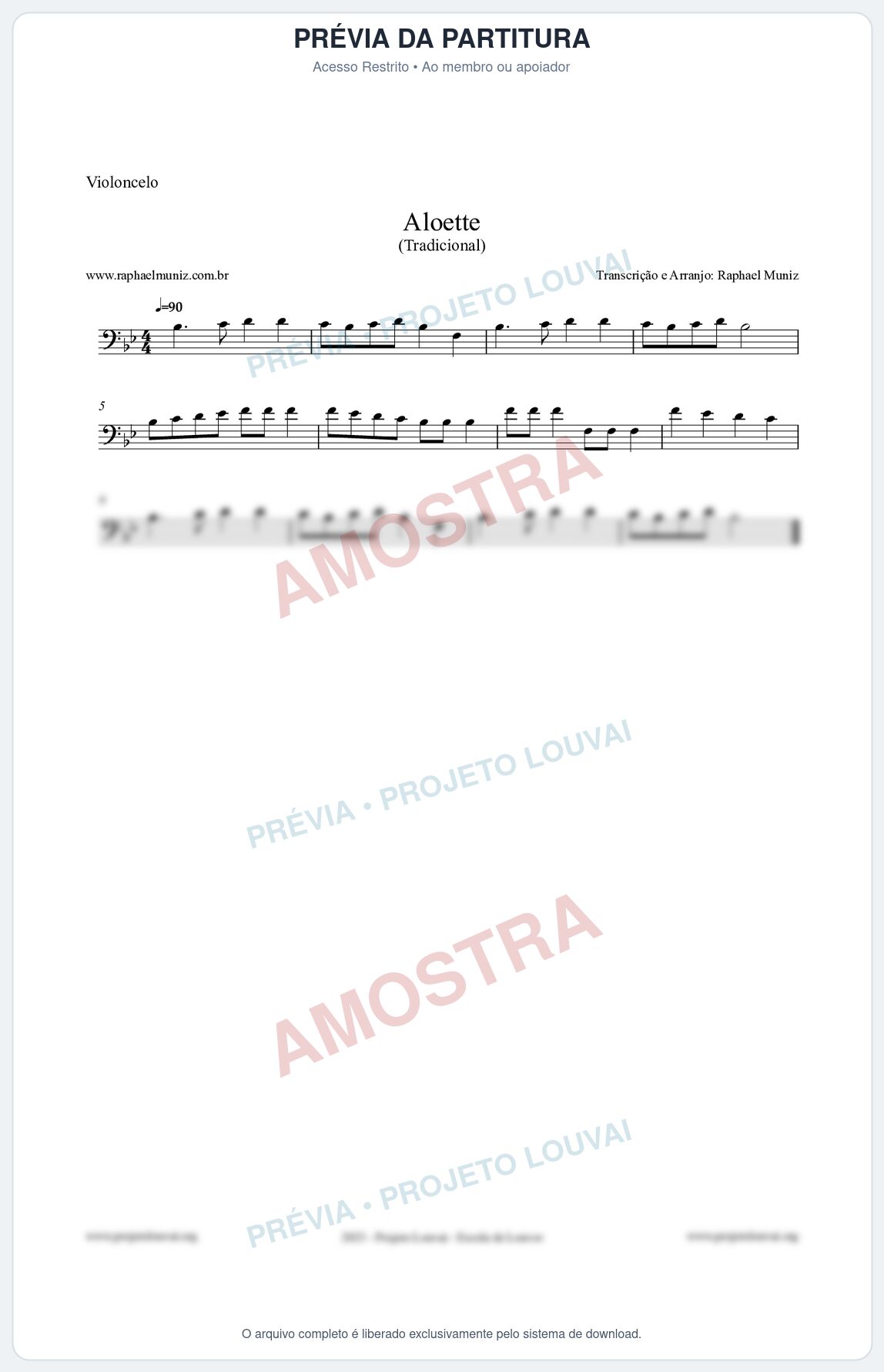 Prévia protegida da primeira página da partitura Partitura para Violoncelo - Aloette - Tradicional