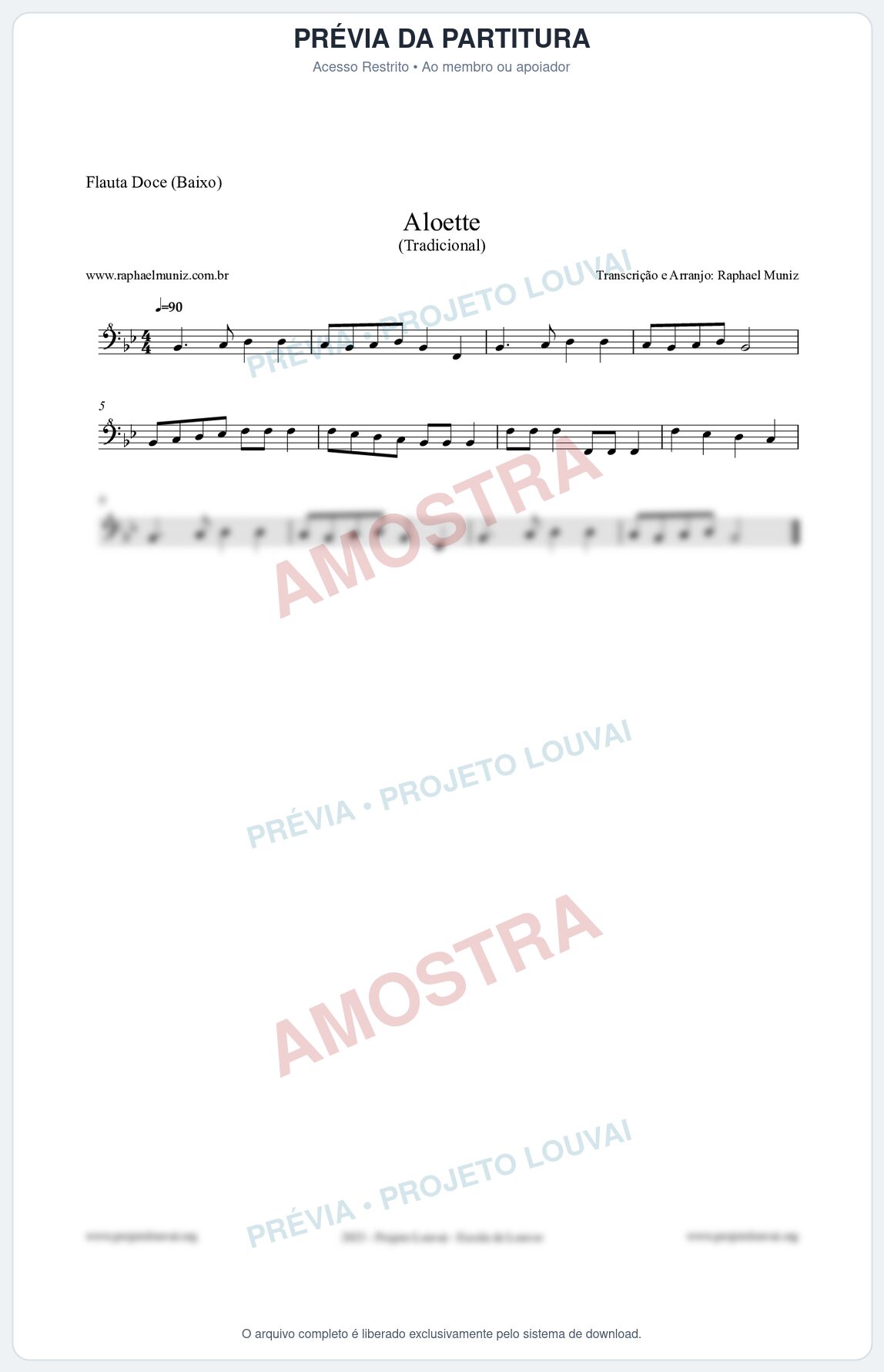 Prévia protegida da primeira página da partitura Partitura para Flauta Doce (Baixo) - Aloette - Tradicional