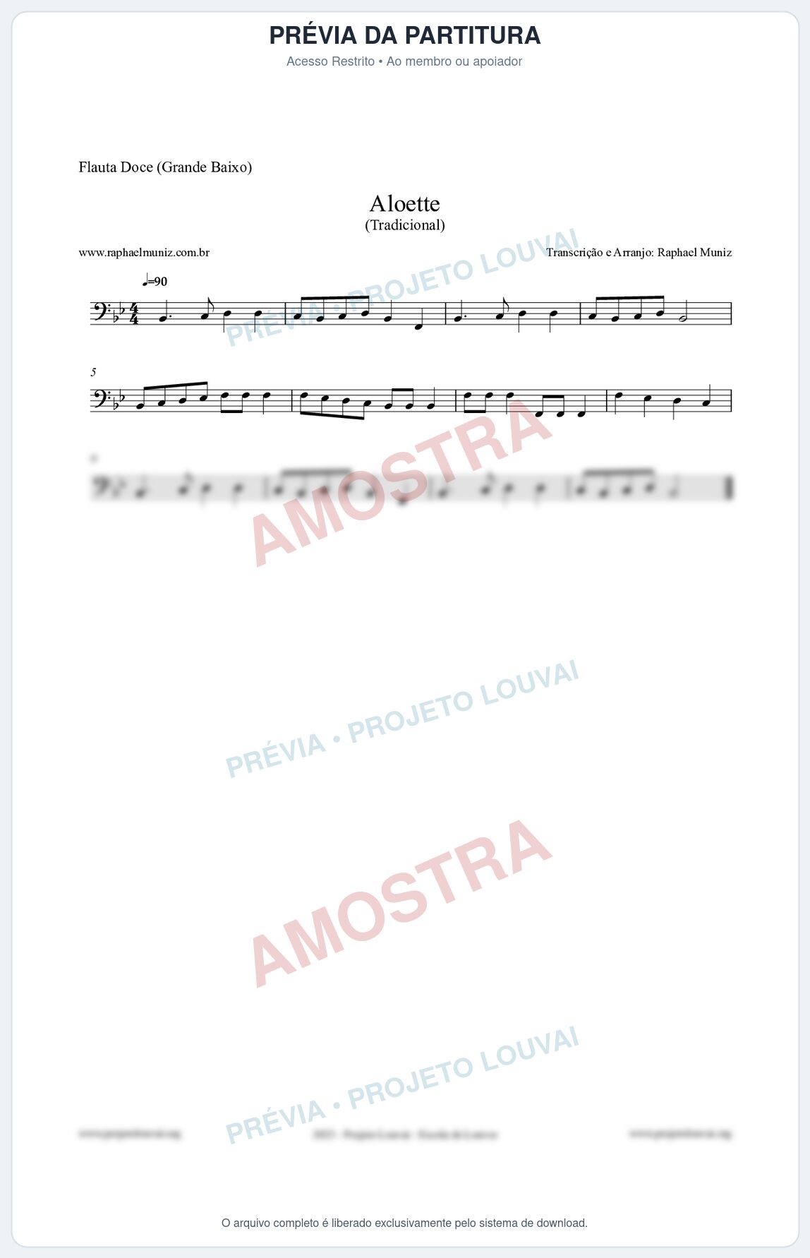 Prévia protegida da primeira página da partitura Partitura para Flauta Doce (Grande Baixo) - Aloette - Tradicional
