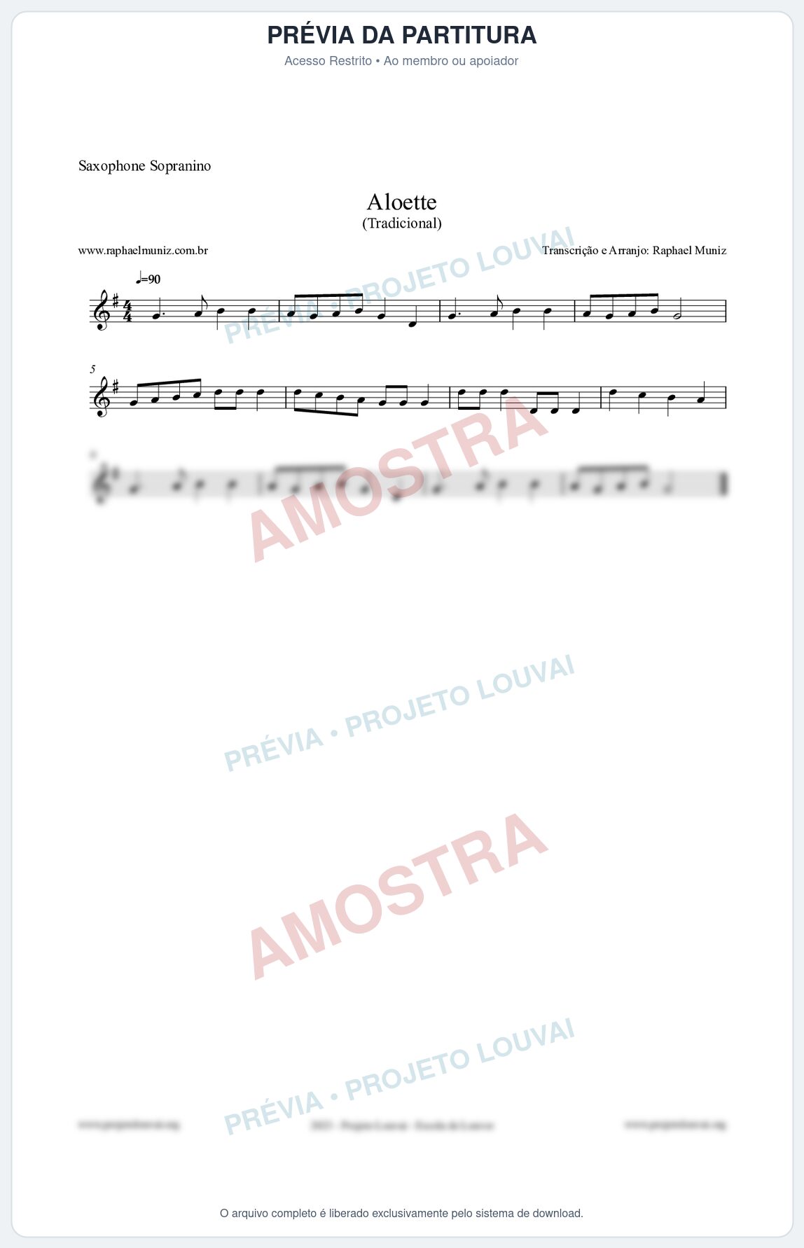 Prévia protegida da primeira página da partitura Partitura para Saxophone Sopranino - Aloette - Tradicional