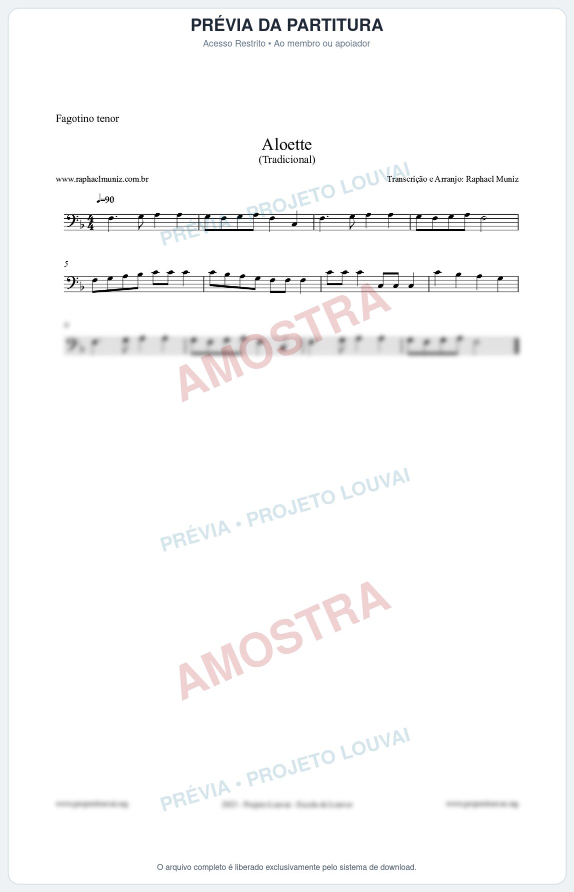 Prévia protegida da primeira página da partitura Partitura para Fagotino tenor - Aloette - Tradicional
