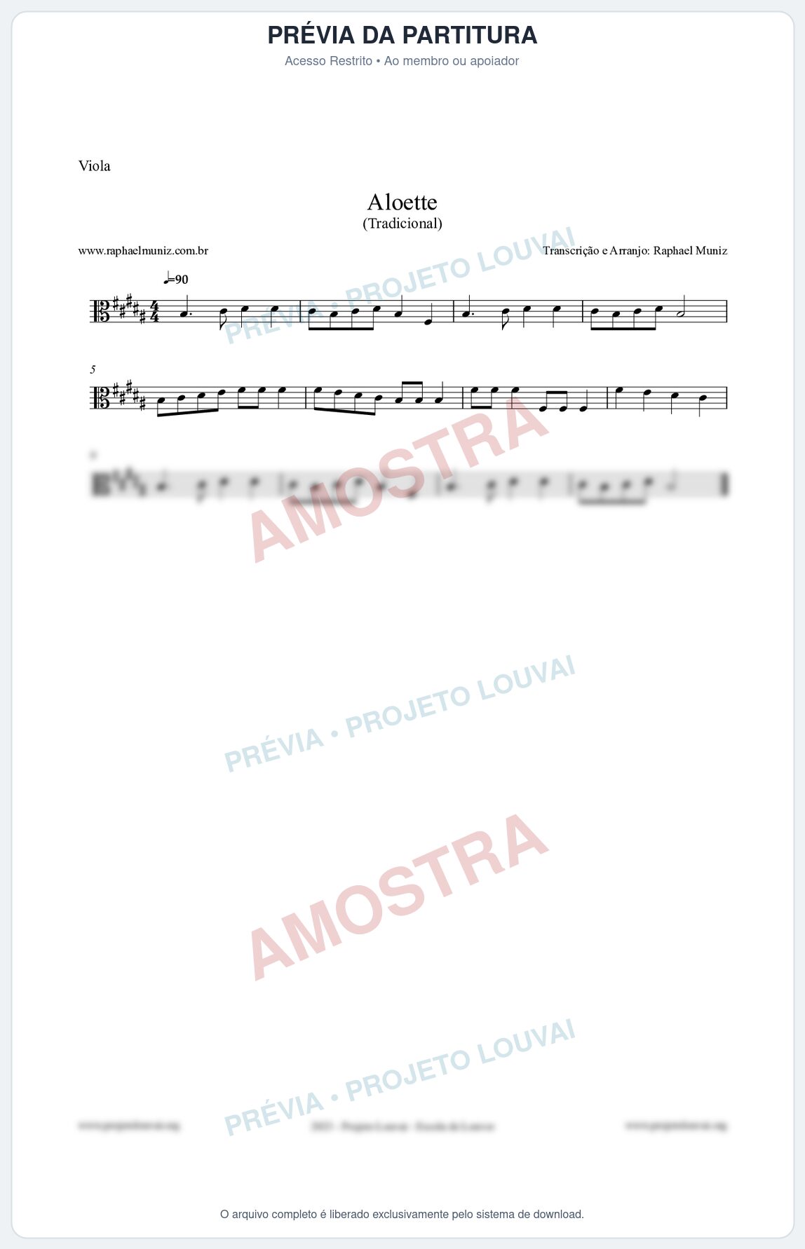 Prévia protegida da primeira página da partitura Partitura para Viola - Aloette - Tradicional