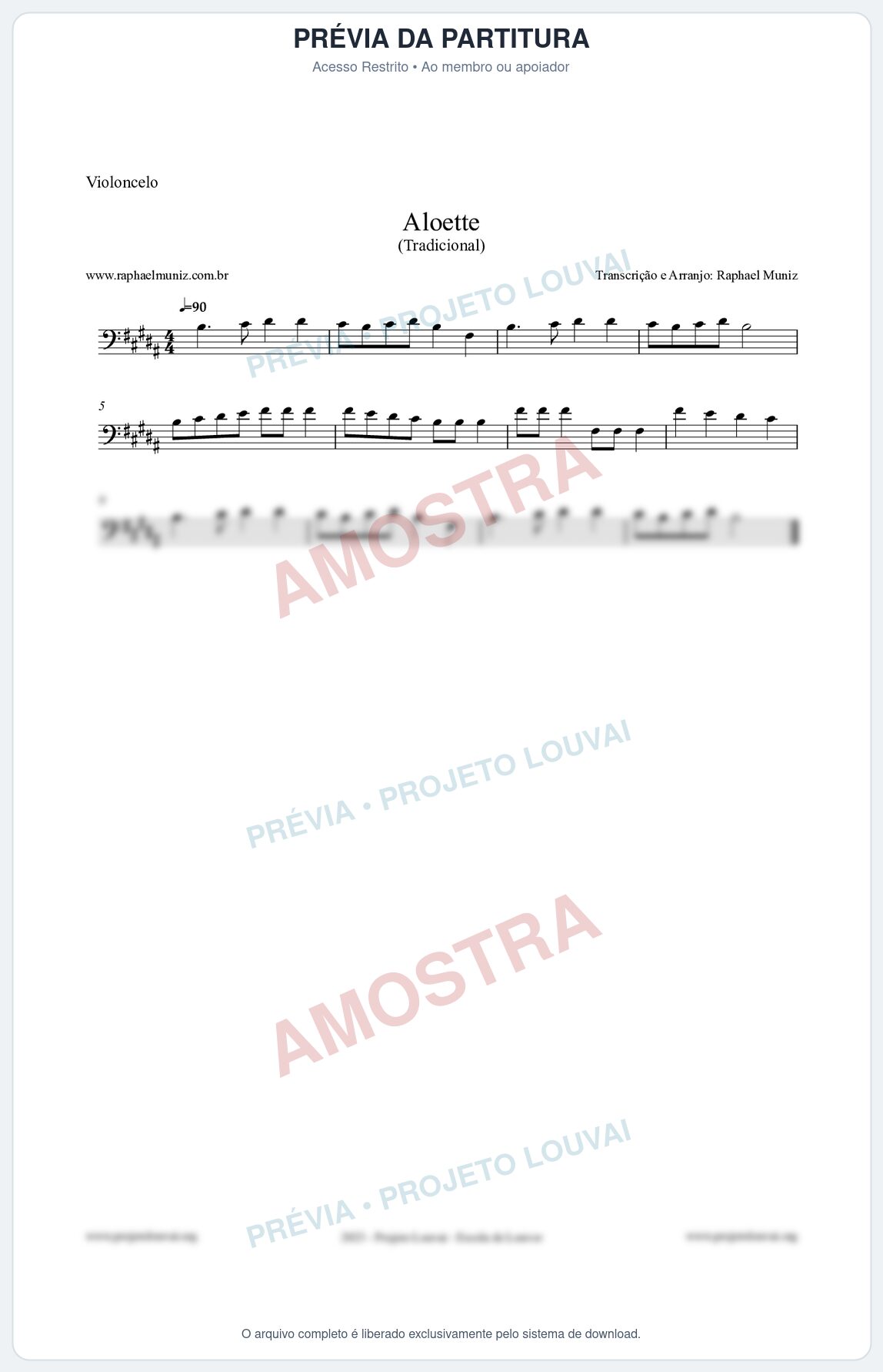 Prévia protegida da primeira página da partitura Partitura para Violoncelo - Aloette - Tradicional