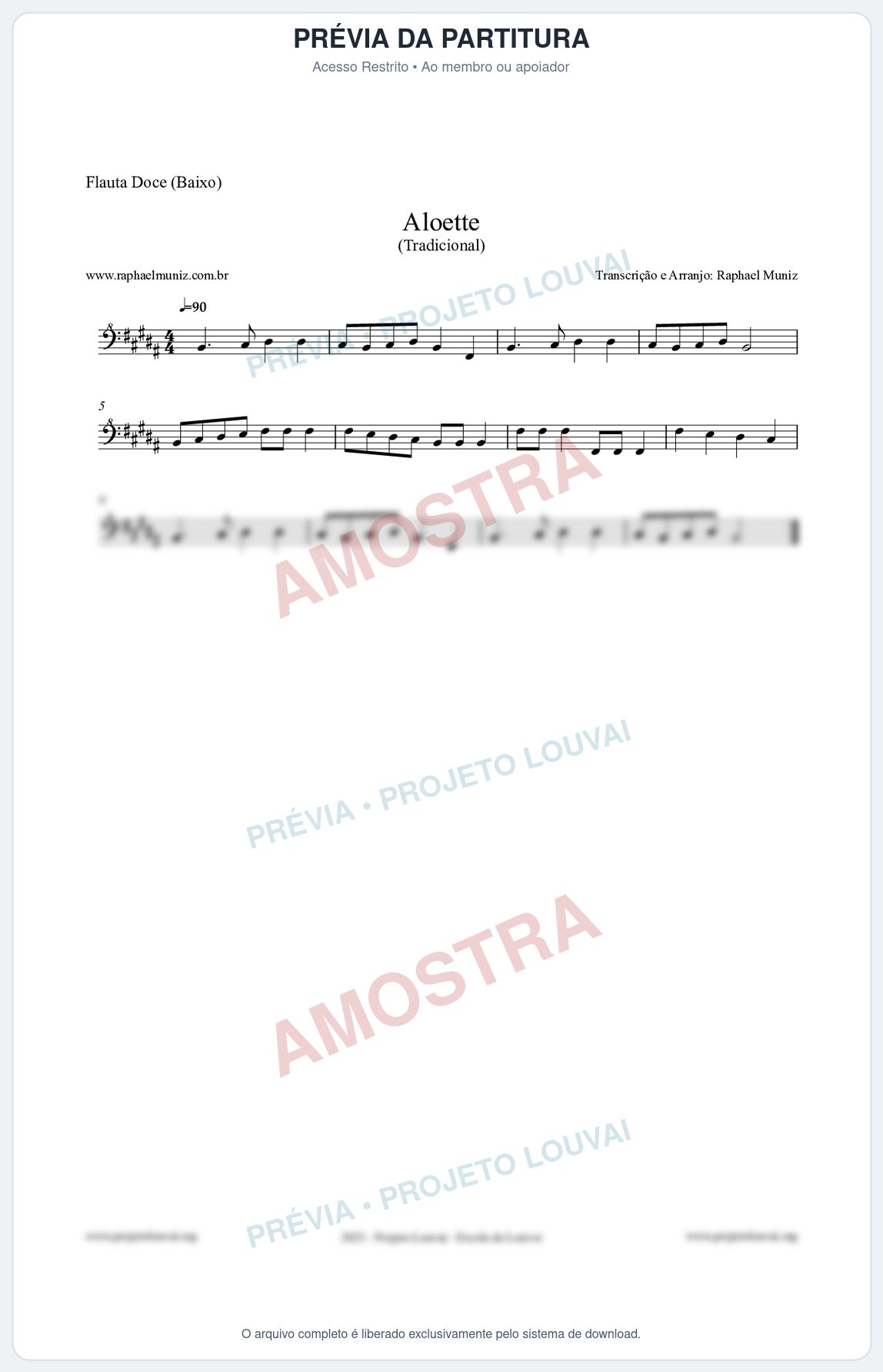 Prévia protegida da primeira página da partitura Partitura para Flauta Doce (Baixo) - Aloette - Tradicional